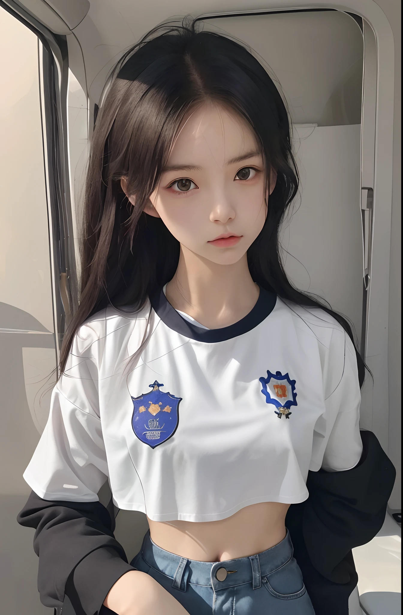 (Need,tmasterpiece),(详细的脸,realisticlying,the detail),1girll,The upper part of the body,simplebackground,looking at viewert,Focus on the face,The color hair,校服,Crop tops