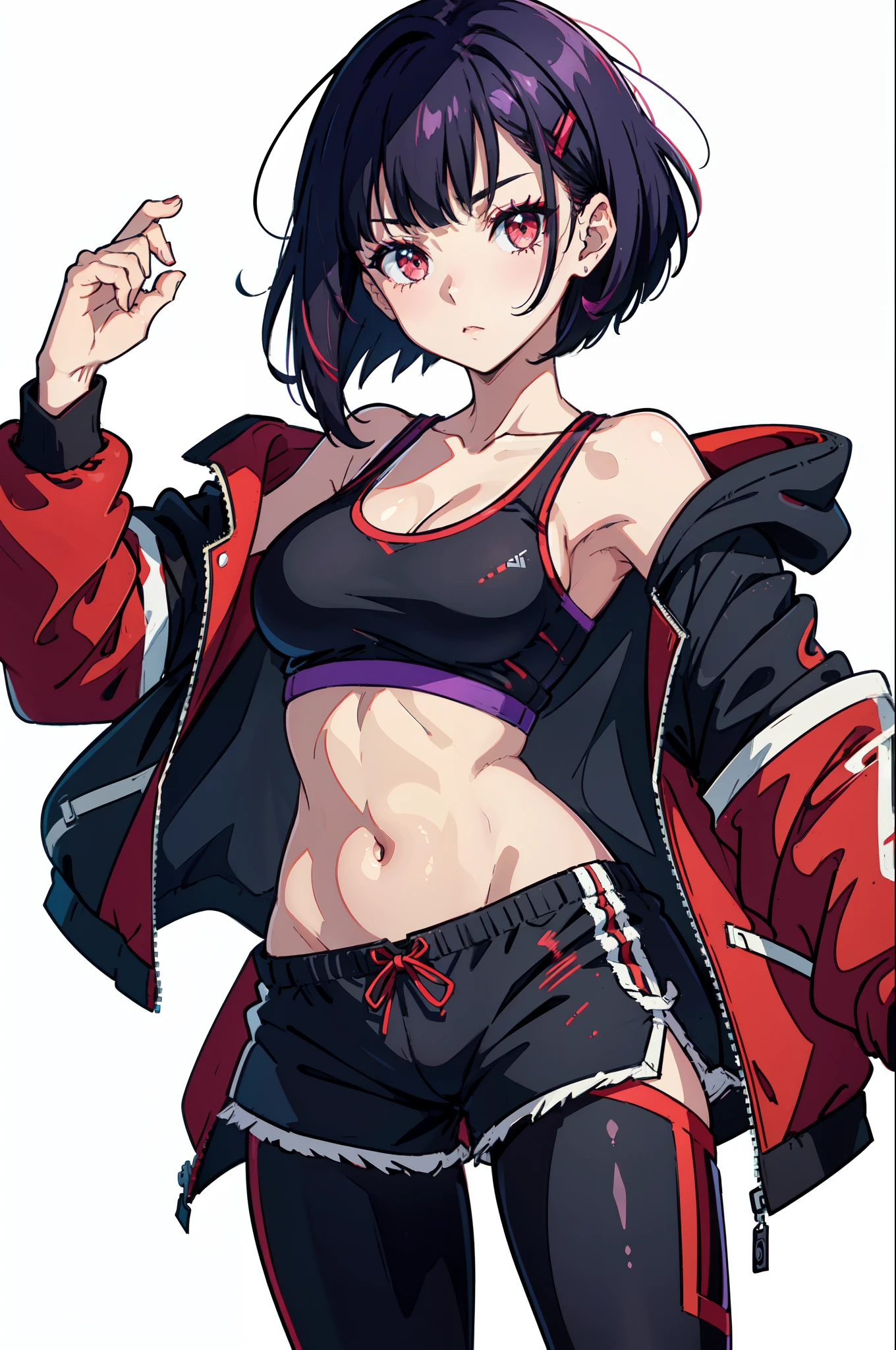 face focus, 1girl, solo, (black hair), (inner purple hair), straight hair, bob cut, short hair, assymmetrical sidelocks, bang pinned back, hairclip, brown eyes, red eyeliner, small breasts, (red sports bra), cleavage, sleeveless, bare shoulders, (shorts), sportswear, navel, abs, leggings, (leggings inside shorts), (jacket, open jacket), inexpressive, neutral, looking at viewer, arms behind back, white background, transparent background, masterpiece, best quality, 4k