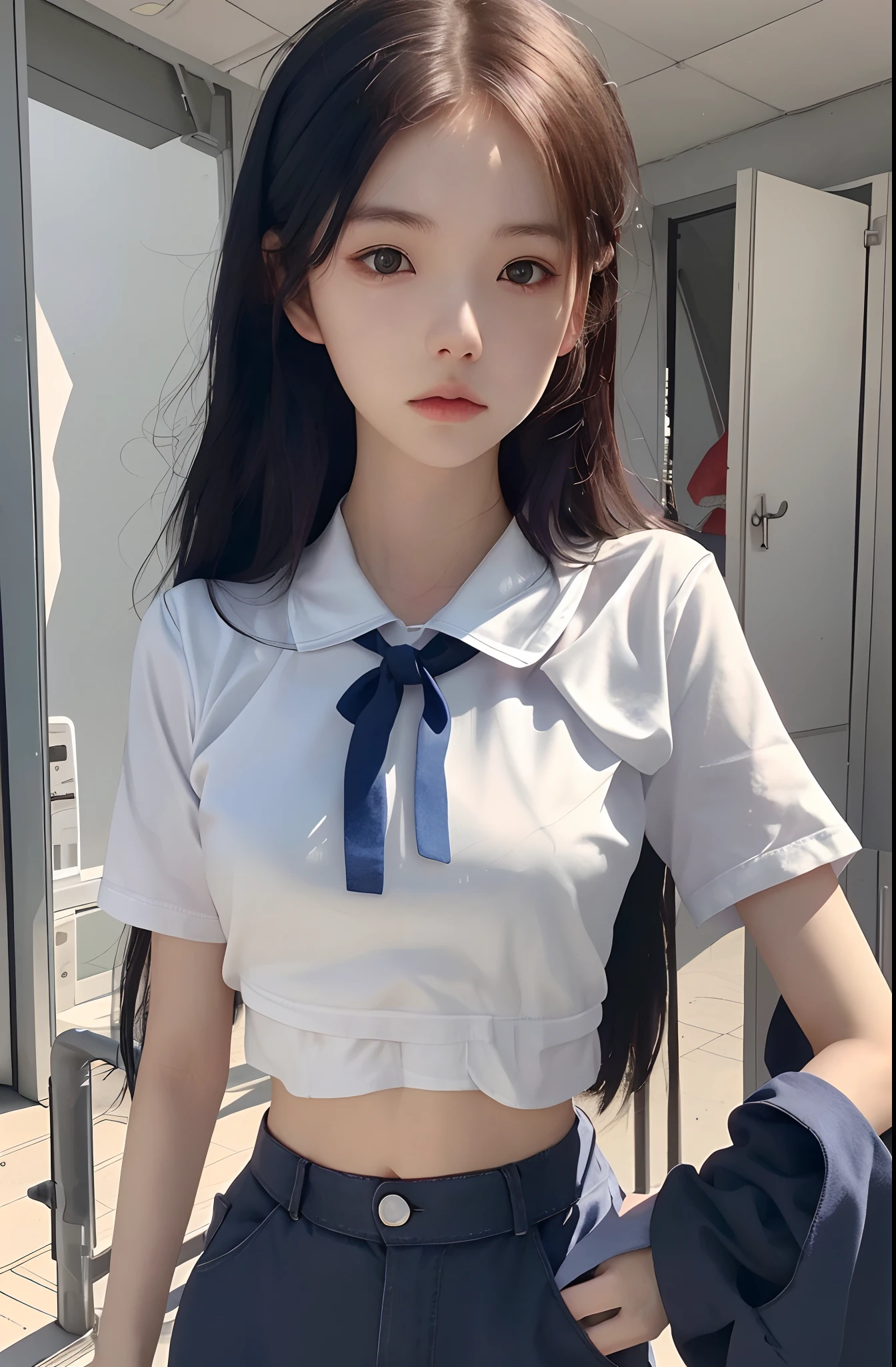 （Need，tmasterpiece），（详细的脸，realisticlying，the detail），1girll，The upper part of the body，simplebackground，looking at viewert，Focus on the face，The color hair，校服，Crop tops