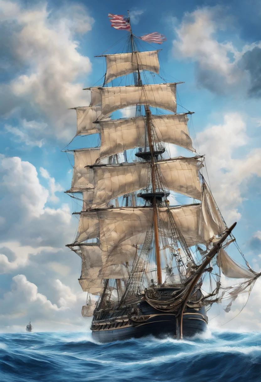 very old 1700s buccaneer sailing ship fighting another sailing ship with cannons, in the middle of a very rough ocean with blue sky and clouds above