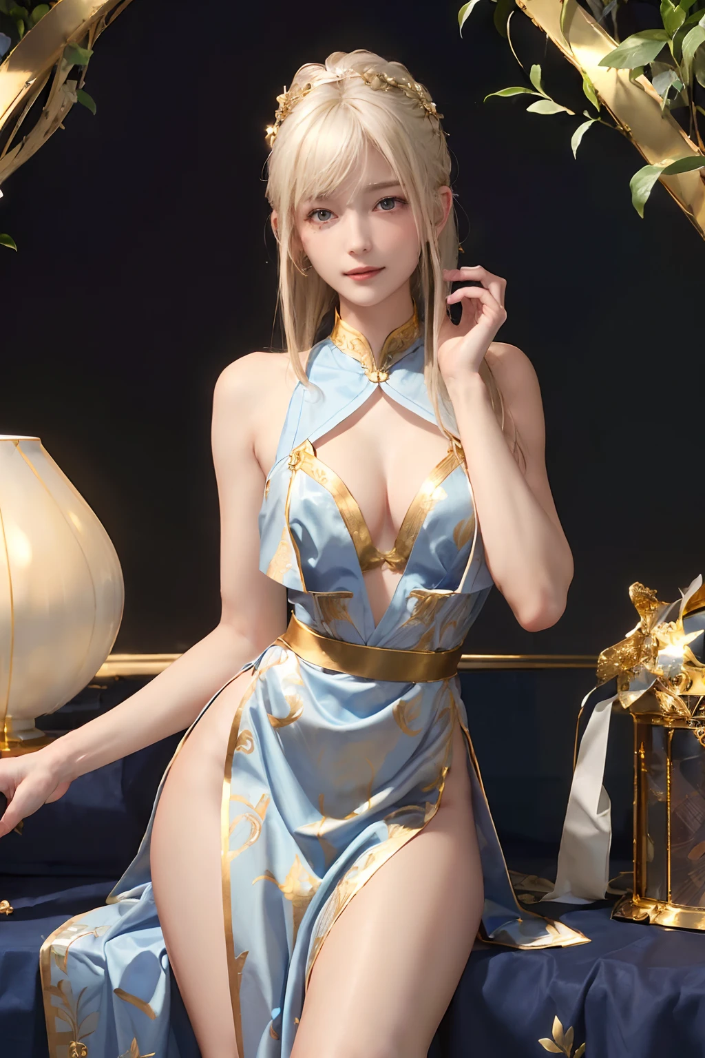 ((top-quality、8K、masterpiece:1.3)), (Longhaire, Beautiful hairstyle, Platinum Blonde Hair:1.5)、(Cute pattern of gold leaf, Delicate workmanship, Blue and white fabric:1.4, maid dress:1.5), Clear, Fine-grained skin、Beautiful clear eyes、cleavage of the breast、Carefree and natural smile、(Hair disheveled in the wind:1.3)、Beautiful girl with a smile、(thin-waist:1.3)、(Dynamic and provocative poses:1.2)、(backshots)