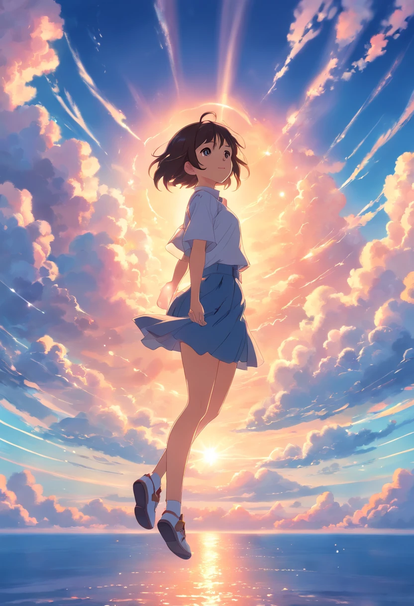 masterpiece, best quality, movie still, 1girl, cloud girl, floating in the sky, close-up, bright, happy, warm soft lighting, sunset, (sparks:0.7)