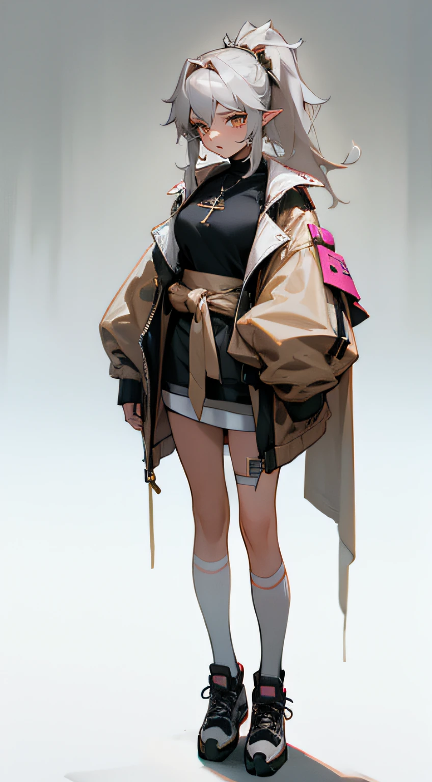 Gray hair,Golden pupils,High ponytail,pointy ears,Dark eyeshadow,Beige coat,Black chest wrap,Necklace with cross,There are bandages and scars on it,The lower body is a sportswear wrapped around the waist,short skirt,White stockings,One long and one empty,leg loops,Pink sneakers,standing on your feet,Fold your hands in front of your chest,Royal Sister,Tall,busty figure
