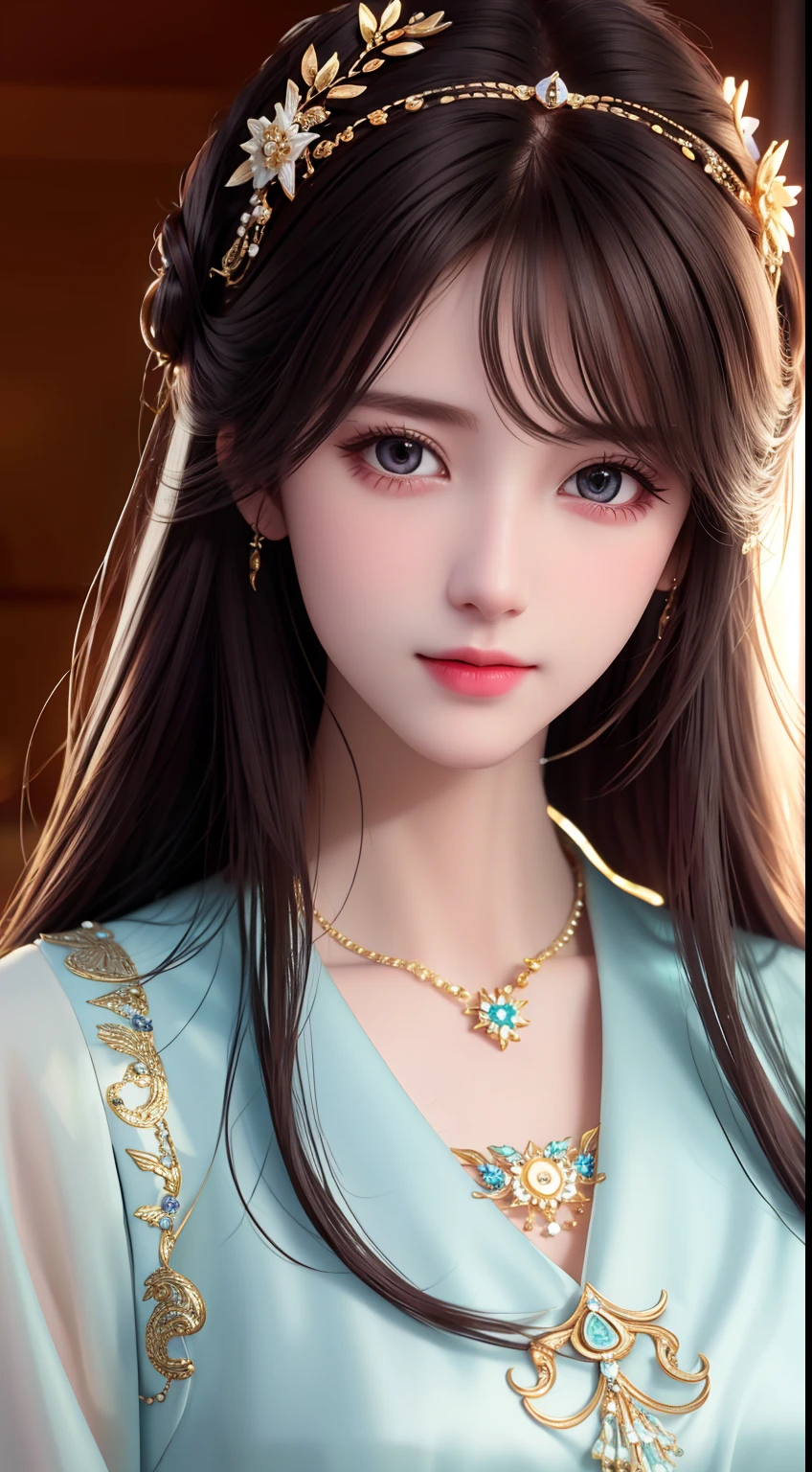Best Quality, Masterpiece, High Resolution, 1 Girl, Porcelain Dress, Hair Accessories, Necklace, Jewelry, Beautiful Face, Physics, Tyndall Effect, Realistic, Dark Studio, Rim Lighting, Duotone Lighting, (High Detail Skin: 1.2), 8k uhd, DSLR, soft light, high quality, volumetric light, candid, photo, high resolution, 4k, 8k, bokeh