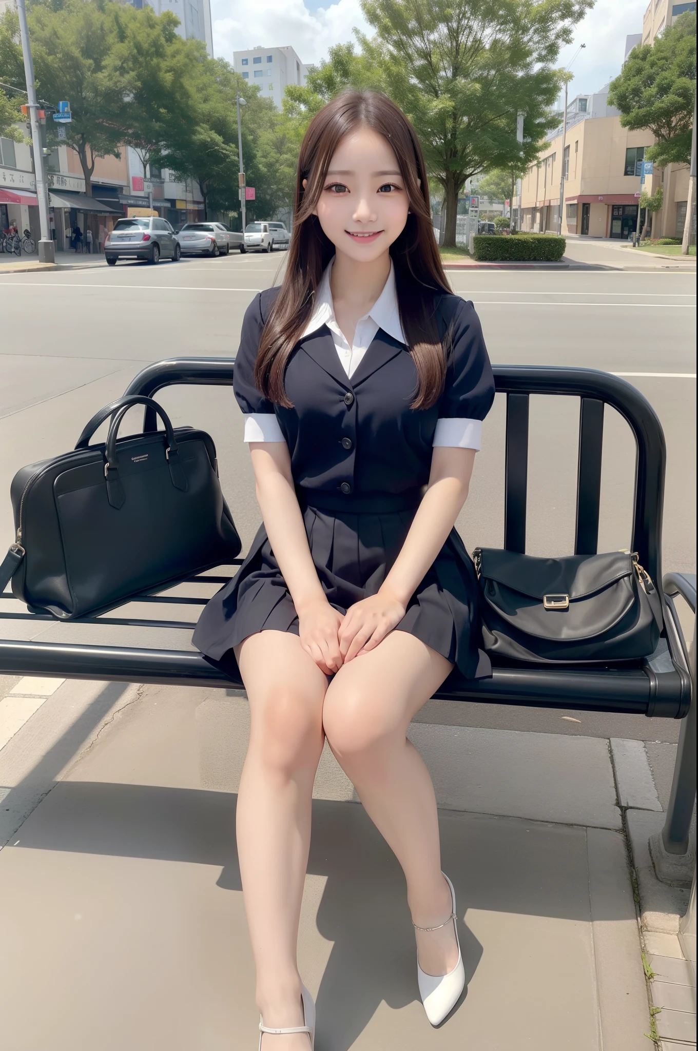 (realisitic、Photorealsitic:1.37)、(masterpiece)、(top-quality:1.4)、(超A high resolution:1.2)、(RAW Photography:1.2)、(foco nítido:1.3)、(Face Focus:1.2)、elegent、(full bodyesbian:1.2)、top-quality、masterpiece、(真实感:1.2)、girl with、brown haired、brown-eyed、frontage、A detailed face、beautidful eyes、Pleated mini skirt uniform、Sitting at the bus stop(1.5)、Biting smile、a lot of eyelashes、high-heels、 Very pretty