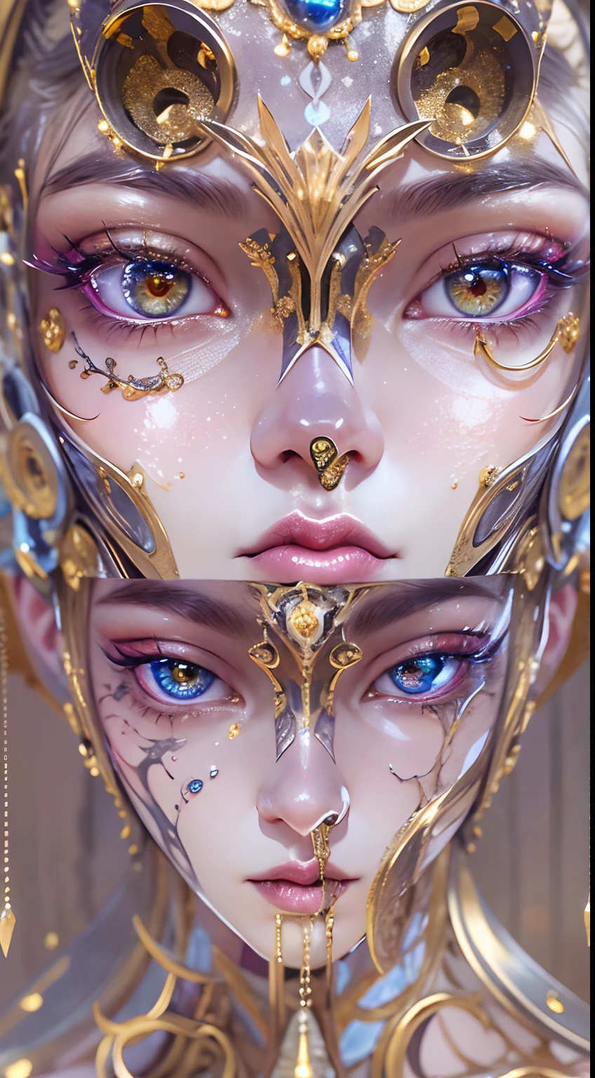 Full body like，（best qualtiy，ultra - detailed，Most Best Illustration，Best shadow，tmasterpiece，A high resolution，professionalartwork，famousartwork），Detailed eyes，beautidful eyes，closeup cleavage，sci-fy，colored sclera，Robot eyes，face markings，Tattooed with，（fractalized，Fractal eyes），largeeyes，Wide eyes，（Eye focus），sface focus，Cosmic eyes，Space eyes，Close-up of metal sculpture of a woman with a moon in her hair，goddes。extremly high detail，3 d goddess portrait，Extremely detailed footage of the goddess，a stunning portrait of a goddess，Side image of the goddess，portrait of a beautiful goddess，Full body close-up portrait of the goddess，hecate goddess，portrait of a norse moon goddess，goddess of space and time，(RAW photo:1.2)，camel-toe，Hollow-out on，sweat leggs，White liquid， Smooth pink skin, shiny metallic glossy skin, Shiny，spread their legs，M-shaped legs，angry look，sullenness，Irritated，white liquid all over body，Full body like