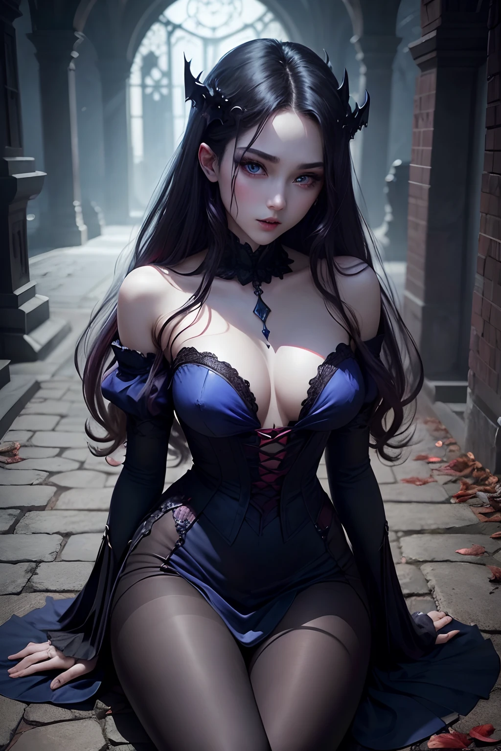 vampire、Vampires、Hell、demon realm、Demons、The Darkness、Beautuful Women、Beautiful、Beautiful eyes、Ultimate Balance、Perfect balance、masterpiece、- Perrealistic、Picturesque beauty、Very delicate and complex、good looksblue full body