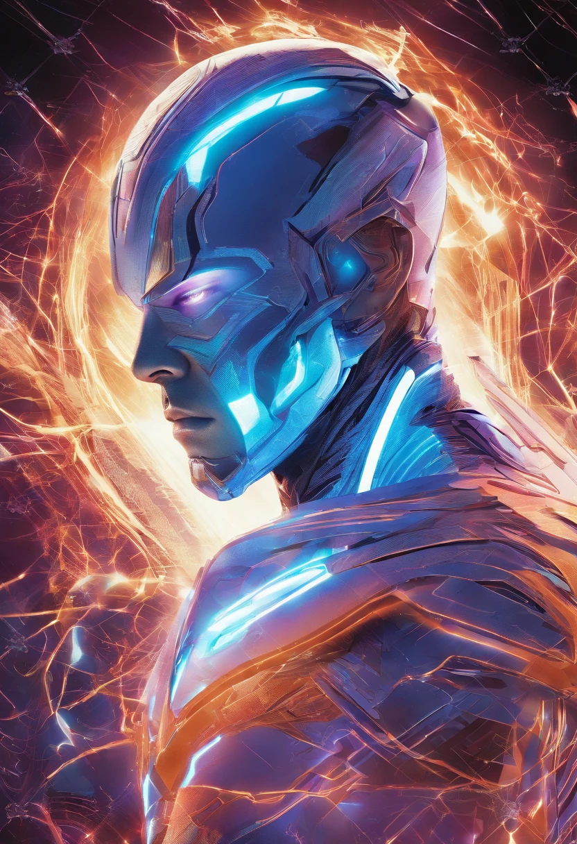 (a man with electromagnetic powers), illustration, vivid colors, powerful energy, intense glow, electric sparks, dynamic pose, strong physique, crackling lightning, electromagnetic waves, electric charge, energy control, superhero vibes, intense action, dramatic background, energy manipulation, charged atmosphere, electrifying presence, stunning visual effects, electrifying force, magnetic attraction, electrified surroundings, pulse of power, electrical surge, electrifying aura, energy beams, electrical discharge, magnetic fields, electric blue hues, electrified fingertips, electric surge, high-resolution output, photorealistic details, professional artwork