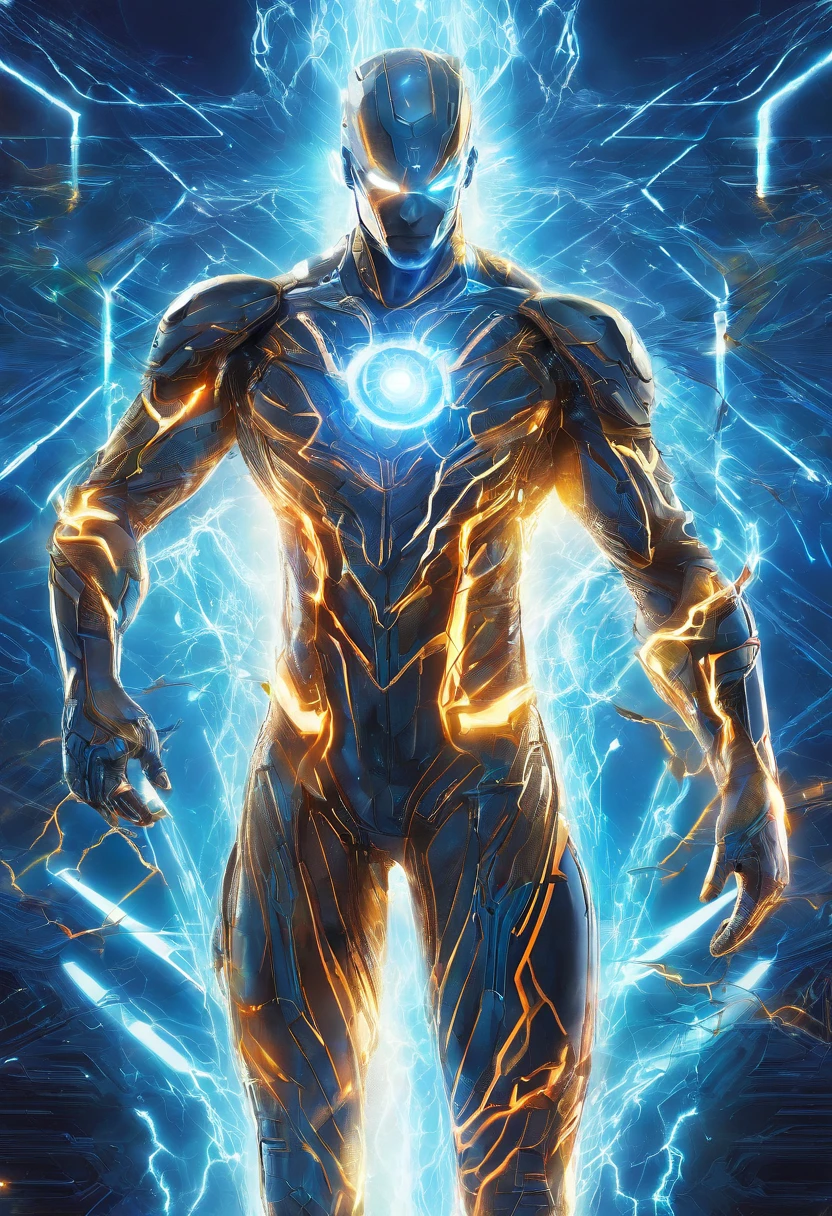 (a man with electromagnetic powers), illustration, vivid colors, powerful energy, intense glow, electric sparks, dynamic pose, strong physique, crackling lightning, electromagnetic waves, electric charge, energy control, superhero vibes, intense action, dramatic background, energy manipulation, charged atmosphere, electrifying presence, stunning visual effects, electrifying force, magnetic attraction, electrified surroundings, pulse of power, electrical surge, electrifying aura, energy beams, electrical discharge, magnetic fields, electric blue hues, electrified fingertips, electric surge, high-resolution output, photorealistic details, professional artwork