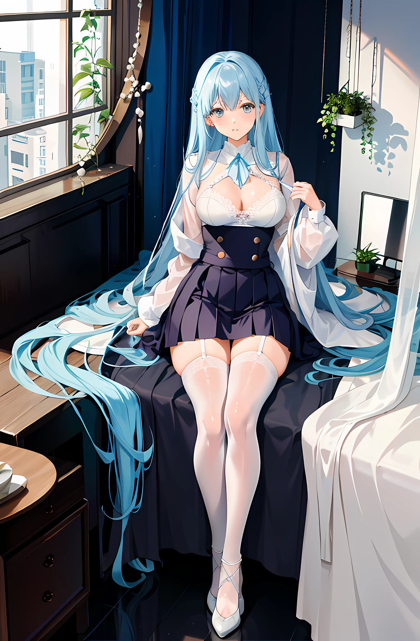 8K,ultraclear,JK,校服,Very short pleated skirt,Japanese manga style,Pure white lace translucent dress,Moist clothes,Stockings reflective,Hair without ribbons,Light blue feet naked lace-up heels,Underwear moist strengthened,Stockings reflect reinforcement,Lewd expression,Show off lace panties,long whitr hair,The mouth is slightly open,Gloss on lips,Shorter skirts,Skin sweat,Blue hair,Stockings strangle fleshy,Thighs are plump,Bigchest、The skirt lifted,Thigh lace,largeeyes,Tears,The kinky is exposed,Leakage,Pubic hair shows through,clothes see-through,soaking wet,pearls necklace,Lace pleated skirt,The skirt is soaked,White lace panties are exposed