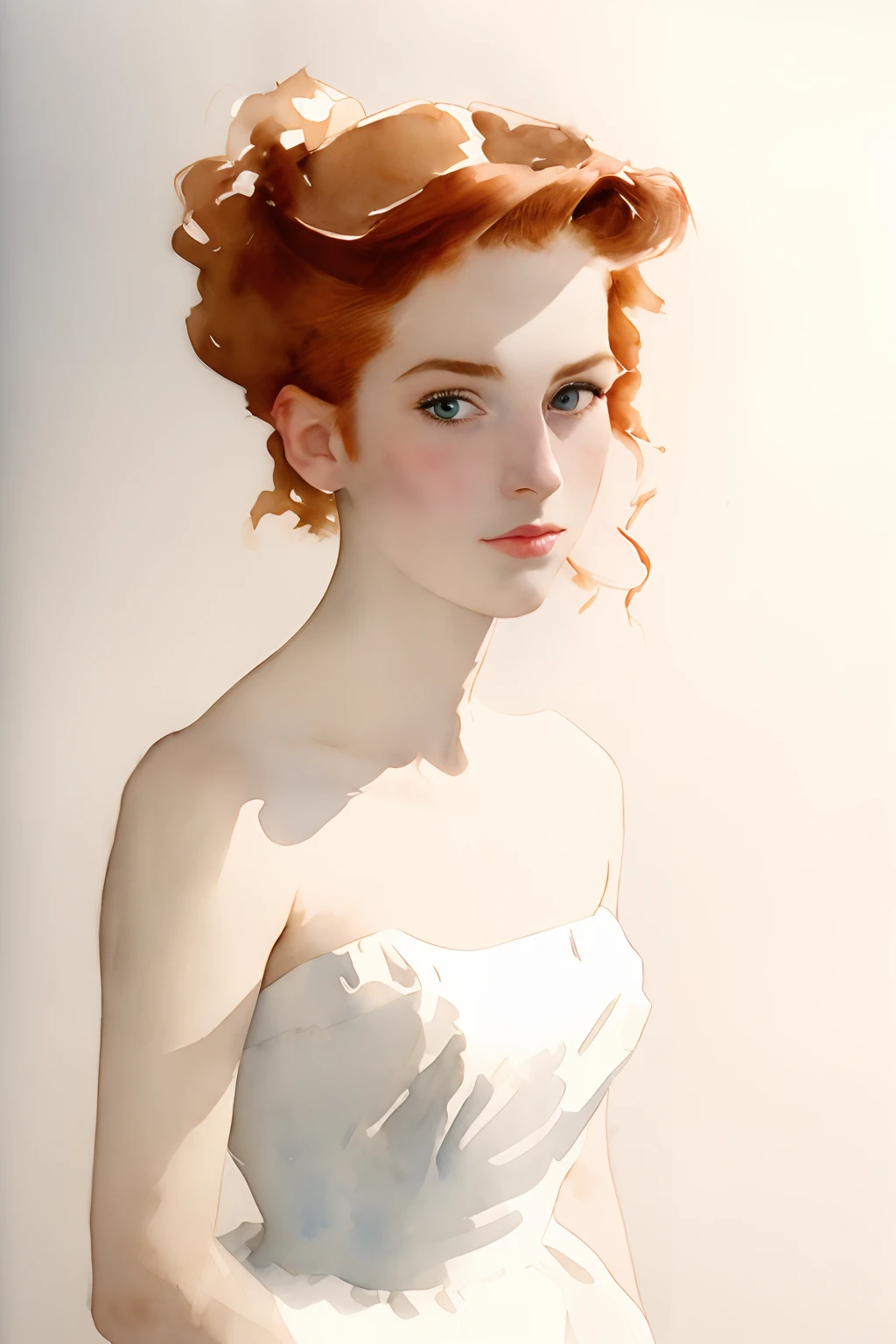 (best quality), ((masterpiece)), 8k 25 year old, redhead girl, alluring, armpit lenght hair (((upturned eyes))) cute ((strapless white dress)) slender build, ((corkscrew hairstyle)) ((( John Singer Sargent watercolor sketch )))