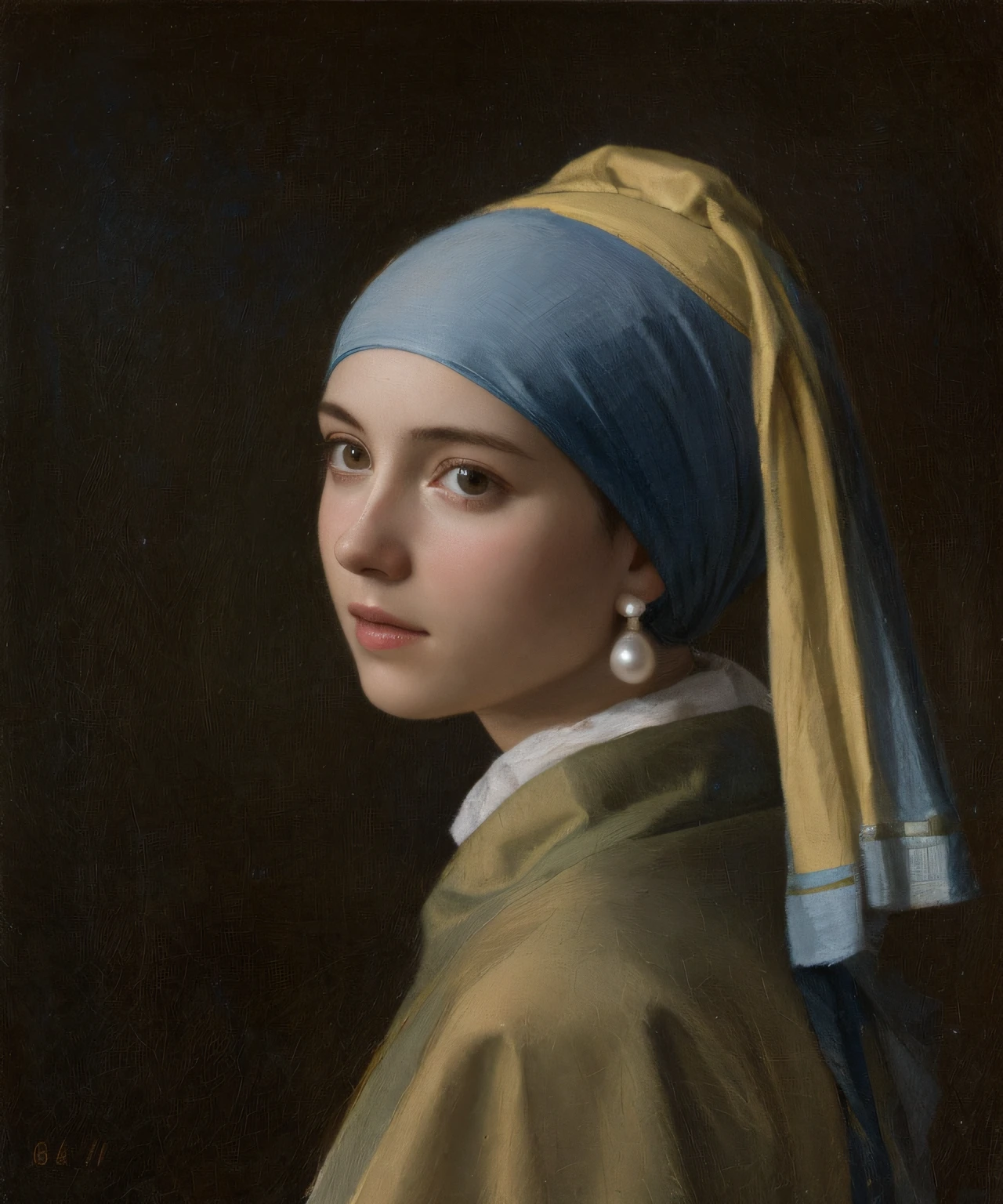 Wears a blue and yellow headscarf,Real portrait of girl wearing pearl earrings
