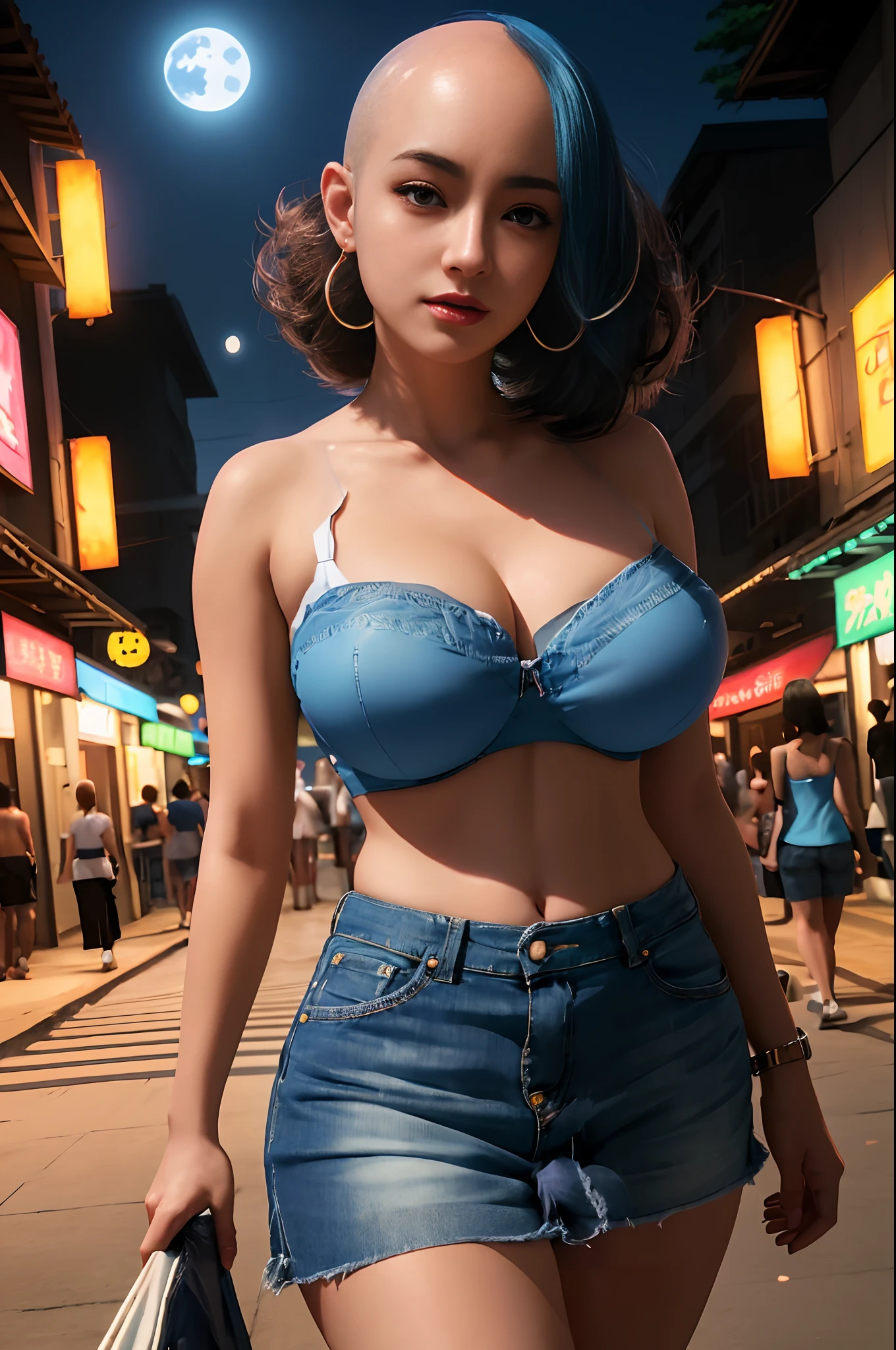 there is a woman in a blue bra top and denim shorts, realistic anime 3 d style, photorealistic anime girl render, photorealistic perfect body, deviantart artstation cgscosiety, trending on cgstation, 8 k sensual lighting, 3 d anime realistic, 3 d render character art 8 k, realistic shaded perfect body, trending at cgstation, bald hair