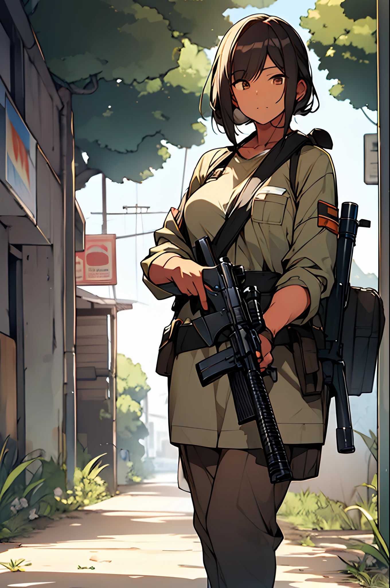 A mature brown woman, dressed in guerrilla style clothes and holding a machine gun.
