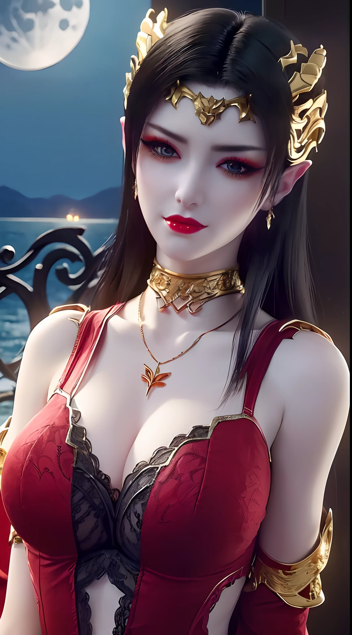 1 extremely beautiful queen, ((wearing sexy red lingerie with black lace trim:1.6)), (((Patterns on clothes:1.6))), ((long black hair:1.6)), jewelry elaborately made from precious stones and beautiful hair, ((wearing a 24k gold lace necklace:1.4))), the noble, noble style of an extremely beautiful girl, her small face is super cute, her face is very pretty, thin eyebrows, flawless beautiful face, ((black eye pupils: 0.8)), very beautiful eyes, ((platinum blue eyes: 1.6)), (((eyes wide open:1.6))), nice makeup and hair detailed eyelashes, steamy eye makeup, high nose, earrings, red lips, ((closed mouth: 1.5)) beautiful lips, slim hands, most beautiful thighs, ((arms spread out to the sides: 1.5)), rosy face, clean face, flawless beautiful face, smooth white skin, (big breasts: 1.5)), ((high breasts: 1.6)), tight breasts, beautiful cleavage, (((big breasts and super round: 1.8))), ((super tight breasts: 1.7)) , beautiful breasts, perfect body, back arms, chest out, thin black mesh stockings with black lace trim, 8k photo, super high quality, super realistic, super 10x pixels, optical, bright studio, bright edges, dual-tone lighting, (high-detail skin:1.2), super 8k, soft lighting, high quality, volumetric lighting, photorealistic, photorealistic high resolution, lighting, best photo, 4k, 8k quality, blur effect, smooth sharp, 10 x pixel, ((sea and moonlight at night background:1.5)), aurora, lightning, super graphics realistic, most realistic graphics, 1 girl, alone, solo, Extremely sharp image, surreal, (((frontal portrait: 1)))."