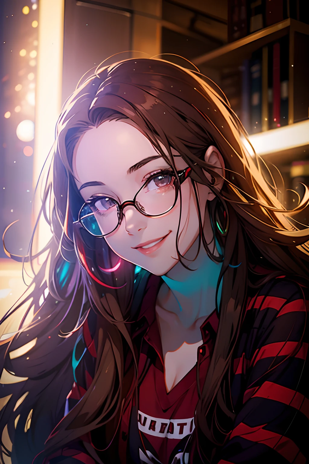 Beautiful woman with long brown hair and glasses smiling, multicolored lights, portrait