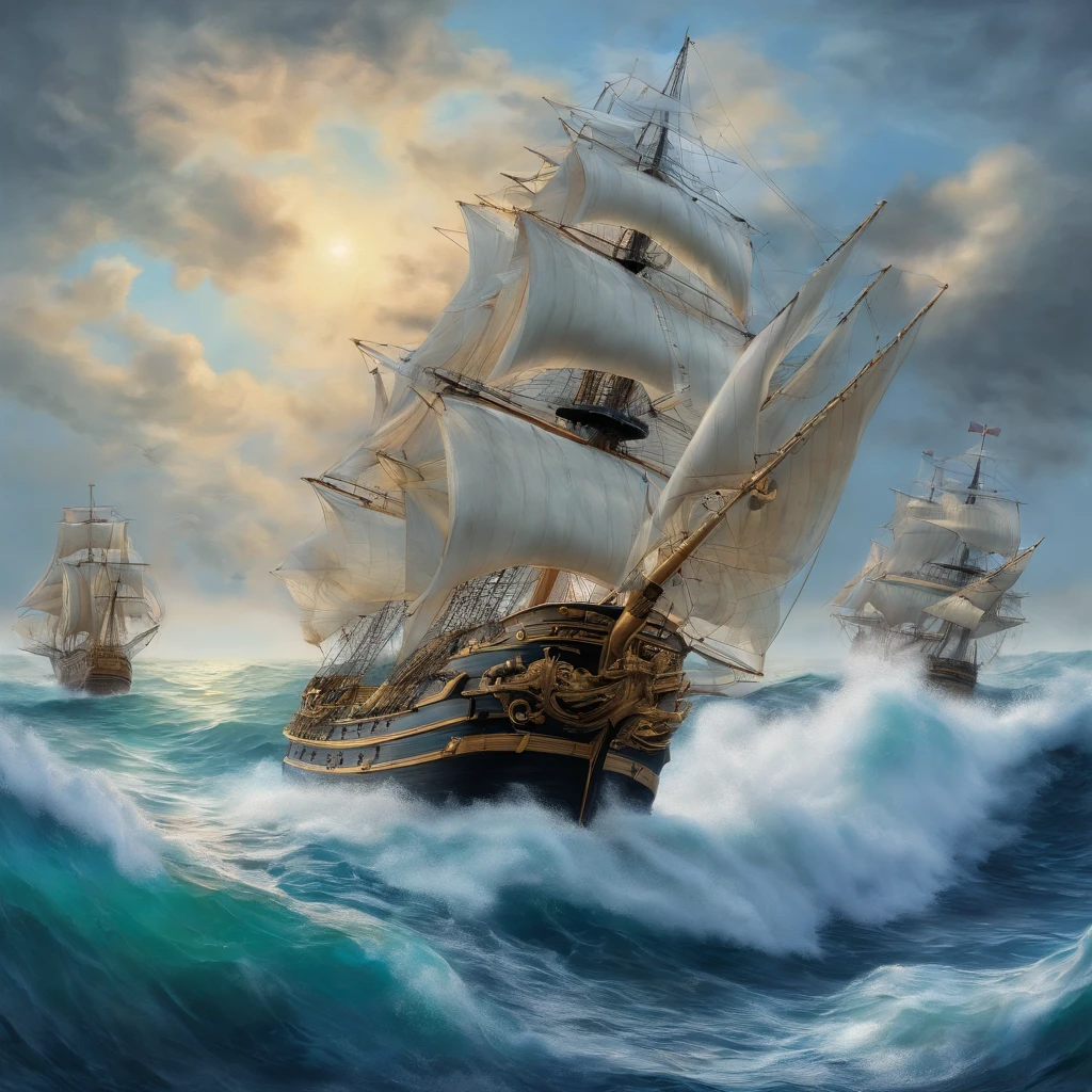 two very old 1700s buccaneer sailing ships fighting another sailing ship with cannons, in the middle of a very rough ocean with blue sky and clouds above photo-realistic, ultra-detailed
