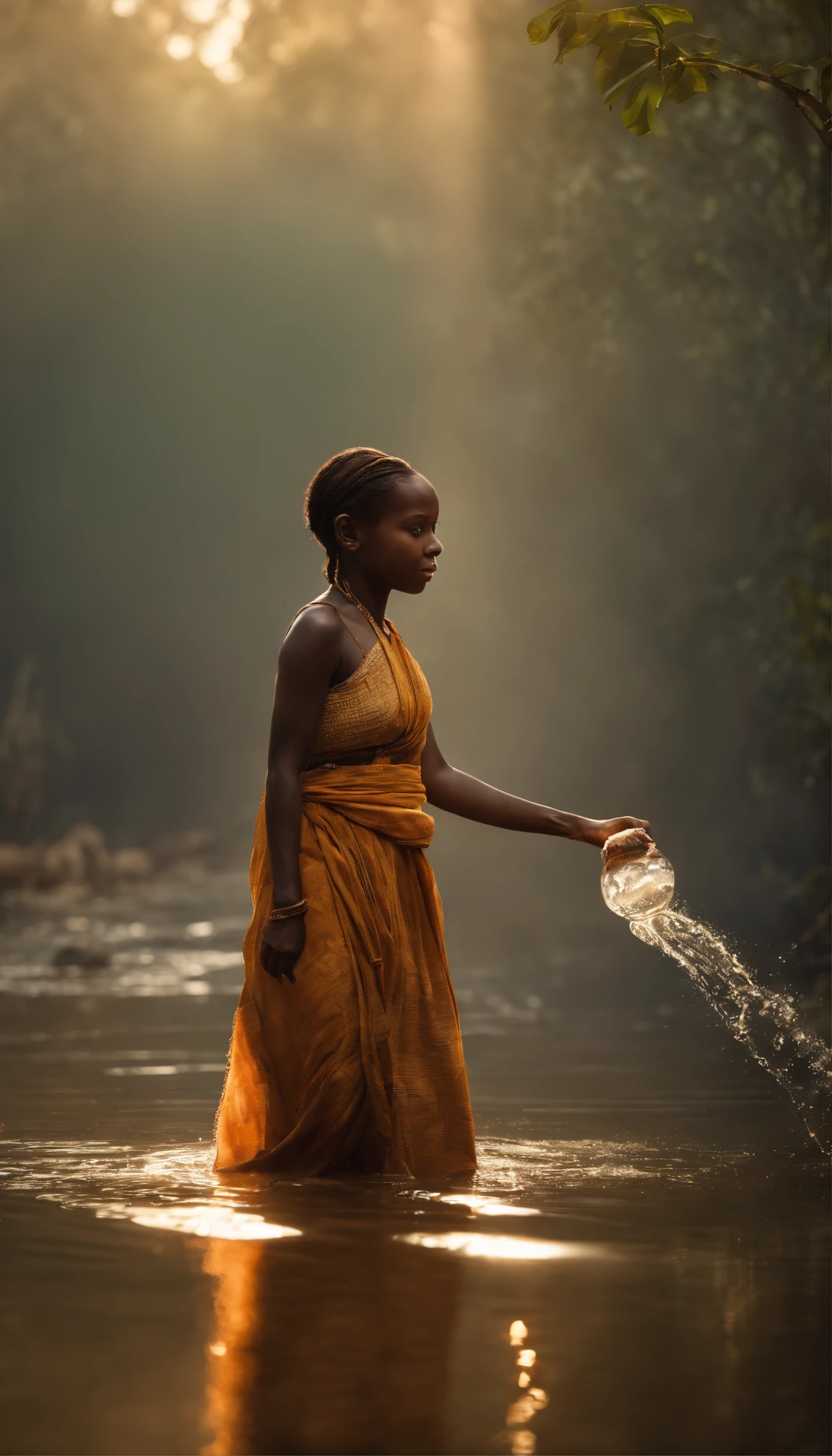 Undine, water spirit poor african girl fetching water, rainforest, on background forest wildfires, RAW photo, fov, lens flare, god rays, overglaze, volumetric fog, cinematic light, depth of field, epic, realism, wallpaper, detailed, small details, intrincate, 8k hdr, golden ratio, asymmetry, masterpiece, best quality