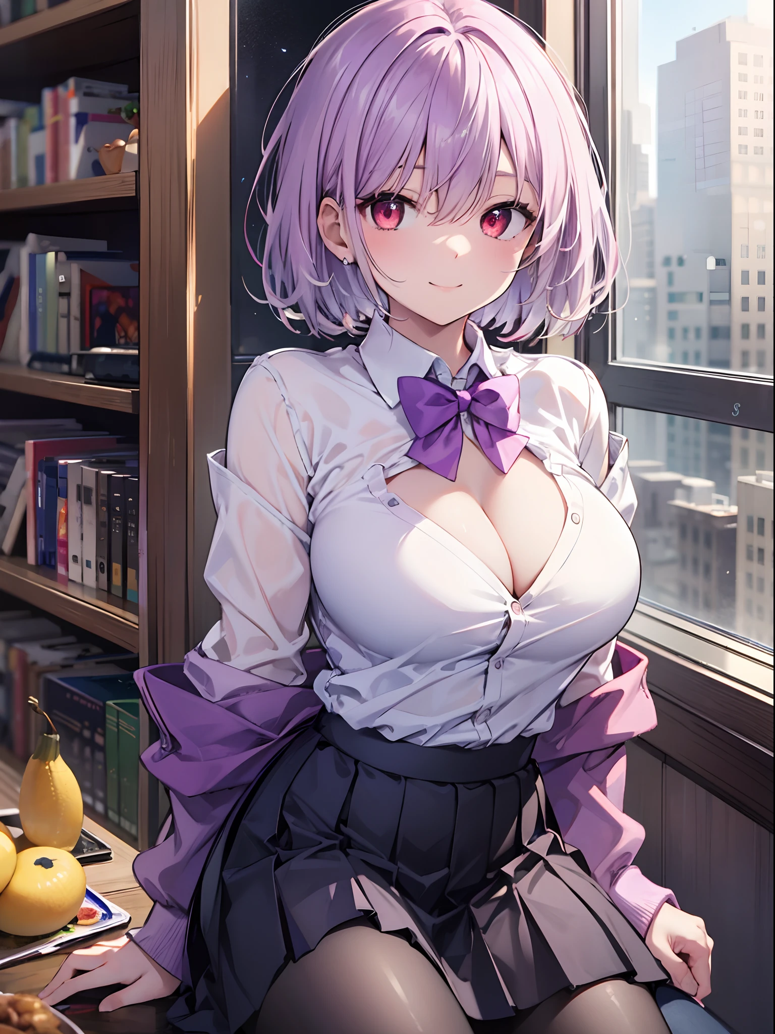 superfine illustration,(perfect anatomia), anime illustrated,​masterpiece, top-quality, hight resolution, 
1girl in, (Chiquita:1.2),
aaakane, Short hair, Red Eyes, Large breasts, purple bowtie, Collared shirt, White shirt, off shoulders, Purple jacket, partially unzipped, Long sleeves, sleeves past wrists, Pleated skirt, Black skirt, pantyhose, 
Smile,

Looking at Viewer, Focus,
nsfw, cleavage,