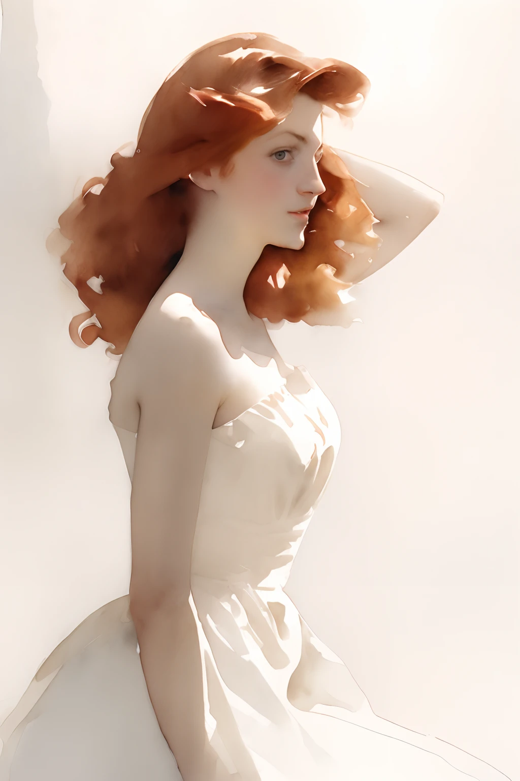 (best quality), ((masterpiece)), 8k 25 year old, redhead girl, alluring, armpit lenght hair (((upturned eyes))) cute ((strapless white dress)) slender build, ((corkscrew hairstyle)) ((( John Singer Sargent watercolor sketch )))