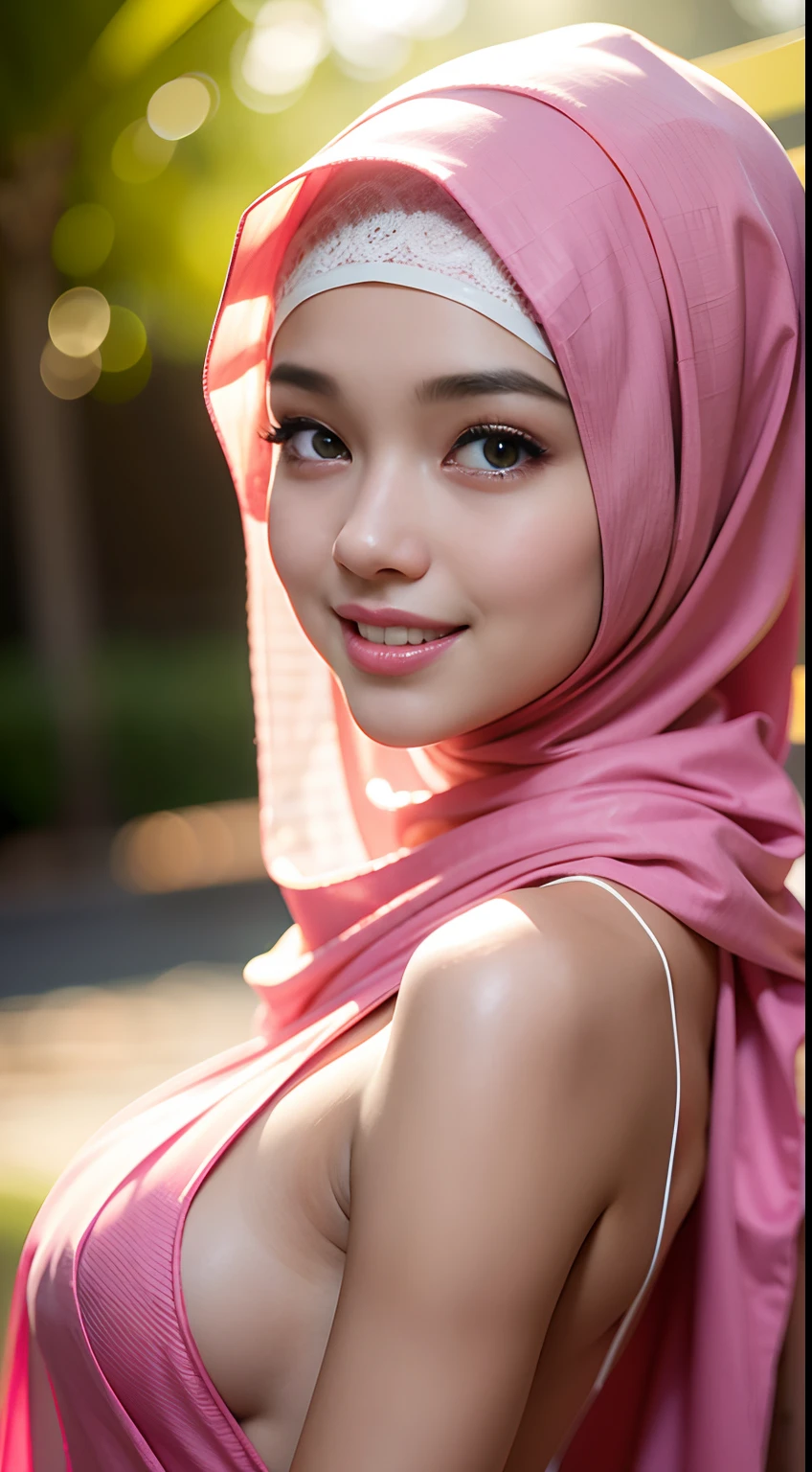 night scene, close up photo of a sexy naked malay girl with hijab, posing, look at a camera and smile, pink pastel hijab, (green eyes:0.8), cute young face, 18 yo, soft volumetric lights, (backlit:1.3), (cinematic:1.3), intricate details, (ArtStation:1.2)