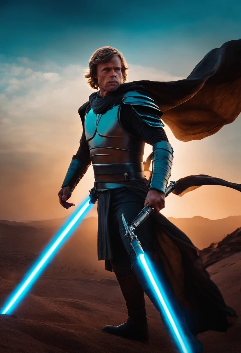 luke skywalker as a spartan warrior, jumping in the air, a neon blue light sabers in hand, the sky is a pale hunter green, dying spartans on the ground , bloody armor, epic, 8k