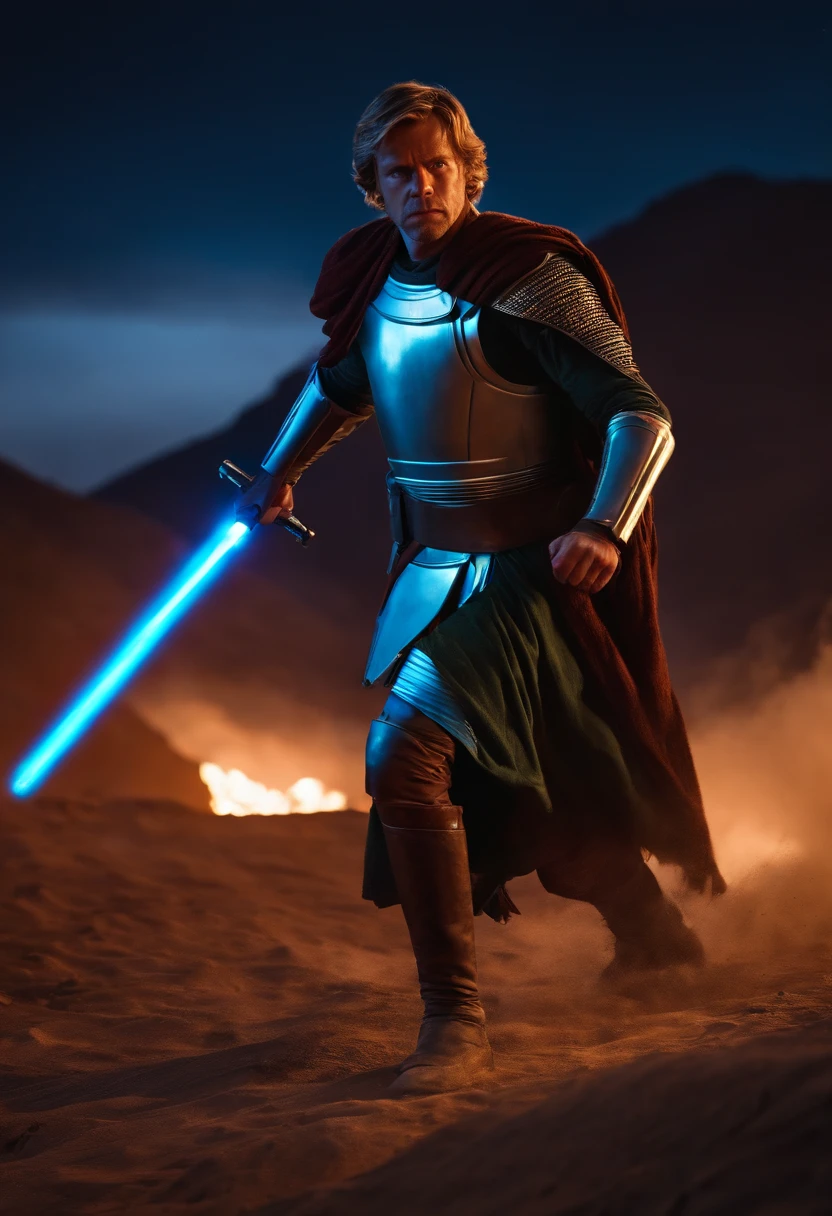 luke skywalker as a spartan warrior, jumping in the air, a neon blue light sabers in hand, the sky is a pale hunter green, dying spartans on the ground , bloody armor, epic, 8k