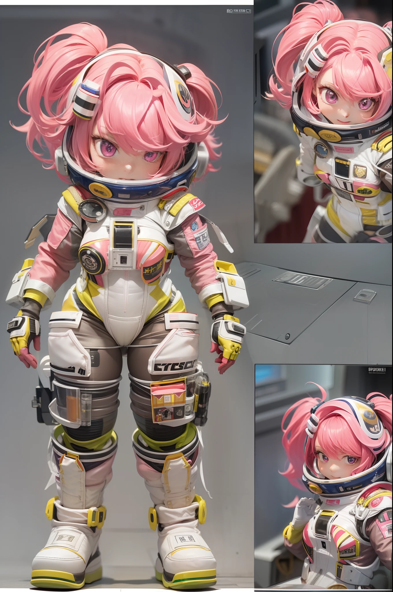 {((1woman))}, only she is {((wearing white mechanical suit with extremely tight and transparent black mechanical parts on her body)), she has ((extremely big breasts)), only she has ((very pink hair short, green eyes)), ((erotic pose)), only she is smiling and staring at the viewer, ((in a spaceship near the sun, window, teleport, robots in the background, equipment, machines on the walls))}, ((full body):1.5), 16k, best quality, best resolution, best sharpness