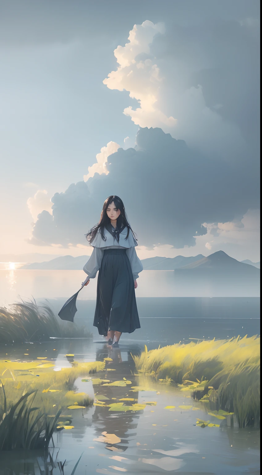 1girl, surreal beautiful young woman, Arapei woman in colorful dress walking on beach, standing on Baiyun wonderland, beautiful korean young woman, ethereal beauty, beautiful young wind spirit, realism, cinematic lighting, ray tracing, optical illusion, lens flare, 120mm, f/1.2, sony fe gm, ultra hd, retina, masterpiece, best quality
