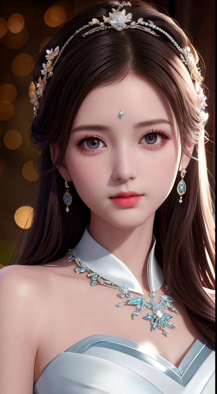 Best Quality, Masterpiece, High Resolution, 1 Girl, Porcelain Dress, Hair Accessories, Necklace, Jewelry, Beautiful Face, Physics, Tyndall Effect, Realistic, Dark Studio, Rim Lighting, Duotone Lighting, (High Detail Skin: 1.2), 8k uhd, DSLR, soft light, high quality, volumetric light, candid, photo, high resolution, 4k, 8k, bokeh