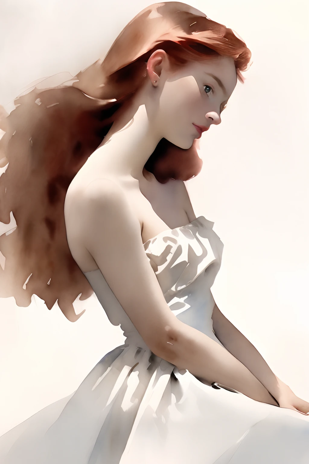(best quality), ((masterpiece)), 8k 25 year old, redhead girl, alluring, armpit lenght hair (((upturned eyes))) cute ((strapless white dress)) slender build, ((corkscrew hairstyle)) ((( John Singer Sargent watercolor sketch )))