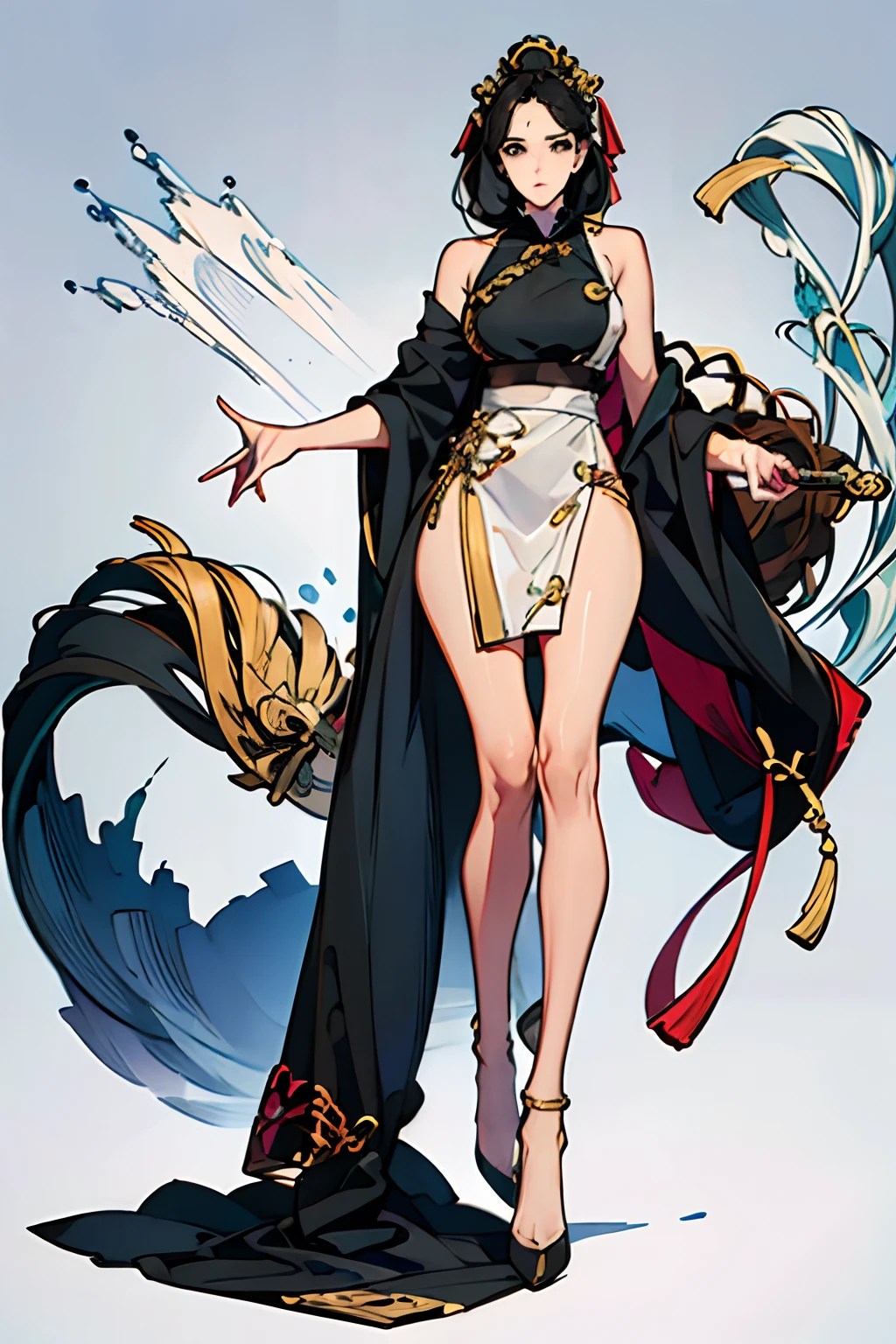 NSFW, obra-prima, melhor qualidade, ultra-detalhado, semi-realista, detailedfacialfeatures, 1mulher,usando roupas velha wuxia,voluptuoso,sensual,cabelos negros longos,roupa escura, audaciosa,holding in his left hand a thick and long sword.