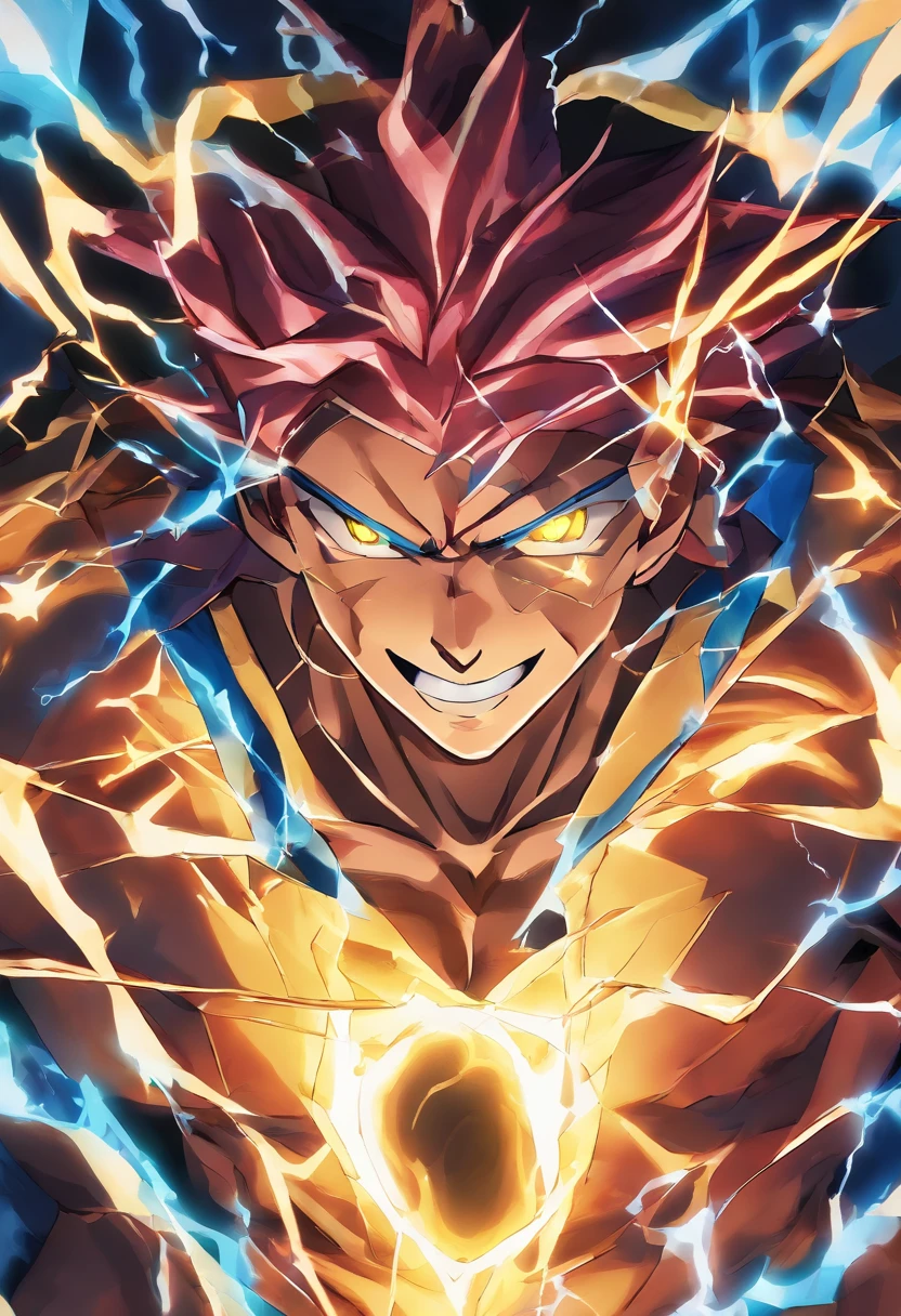 (A man with electromagnetic powers), vivid colors, energia poderosa, Brilho intenso, electric sparks, dynamic pose, Strong physique, crackling lightning, Electromagnetic waves, electric charge, Controle de Energia, Superhero vibes, intense action, dramatic background, Energy manipulation, atmosfera carregada, Electrifying presence, efeitos visuais impressionantes, Electrifying force, magnetic attraction, Ambiente eletrificado, Power Pulse, electrical surge, Aura eletrizante, Feixes de energia, electrical discharge, magnetic fields, Shades of electric blue, pontas dos dedos eletrificadas, High-resolution output, detalhes fotorrealistas, arte profissional