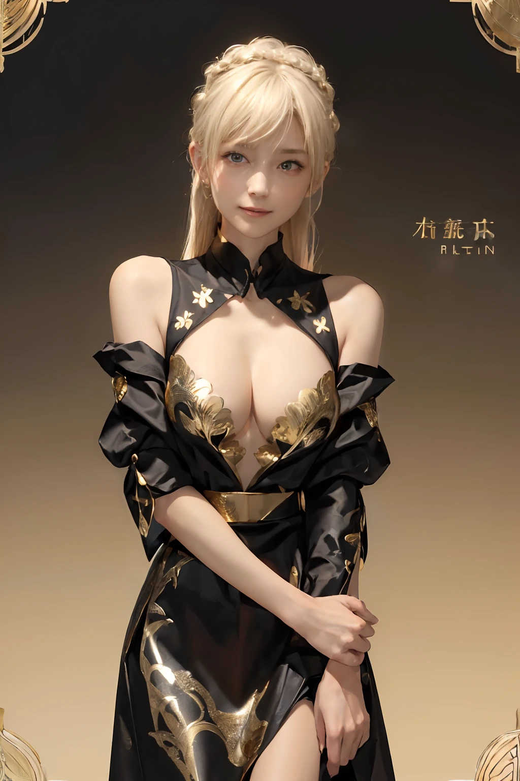 ((top-quality、8K、masterpiece:1.3)), (Longhaire, Beautiful hairstyle, Platinum Blonde Hair:1.5)、(Cute orange gold foil pattern, Delicate workmanship, Black Fabric:1.4, maid dress:1.5), Clear, Fine-grained skin、Beautiful clear eyes、cleavage of the breast、Carefree and natural smile、(Hair disheveled in the wind:1.3)、Beautiful girl with a smile、(thin-waist:1.3)、(Dynamic and provocative poses:1.2)、(Backshots)