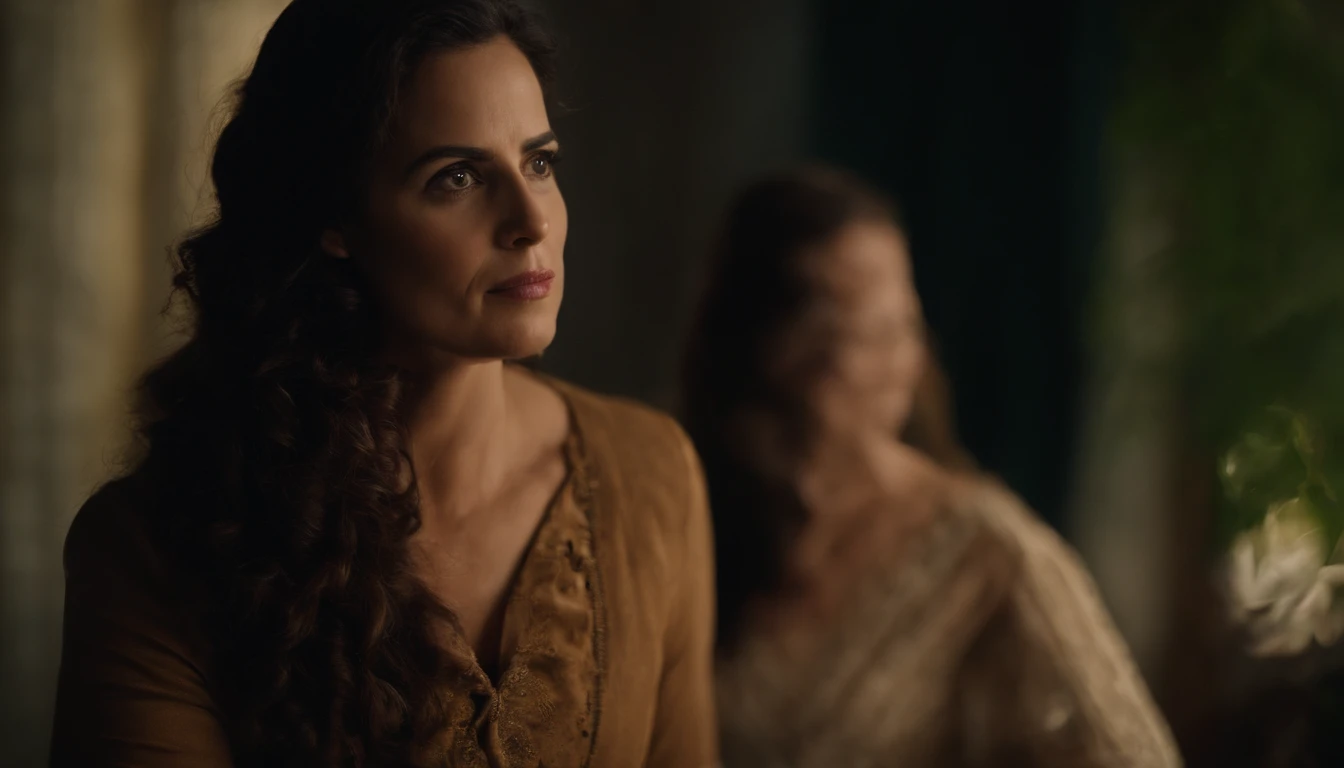 A woman resembling actress Regina Duarte has striking features, cabelos castanhos ou loiros, expressive eyes and a charismatic presence. She conveys a mixture of sweetness and strength in her appearance, Just like the actress herself.