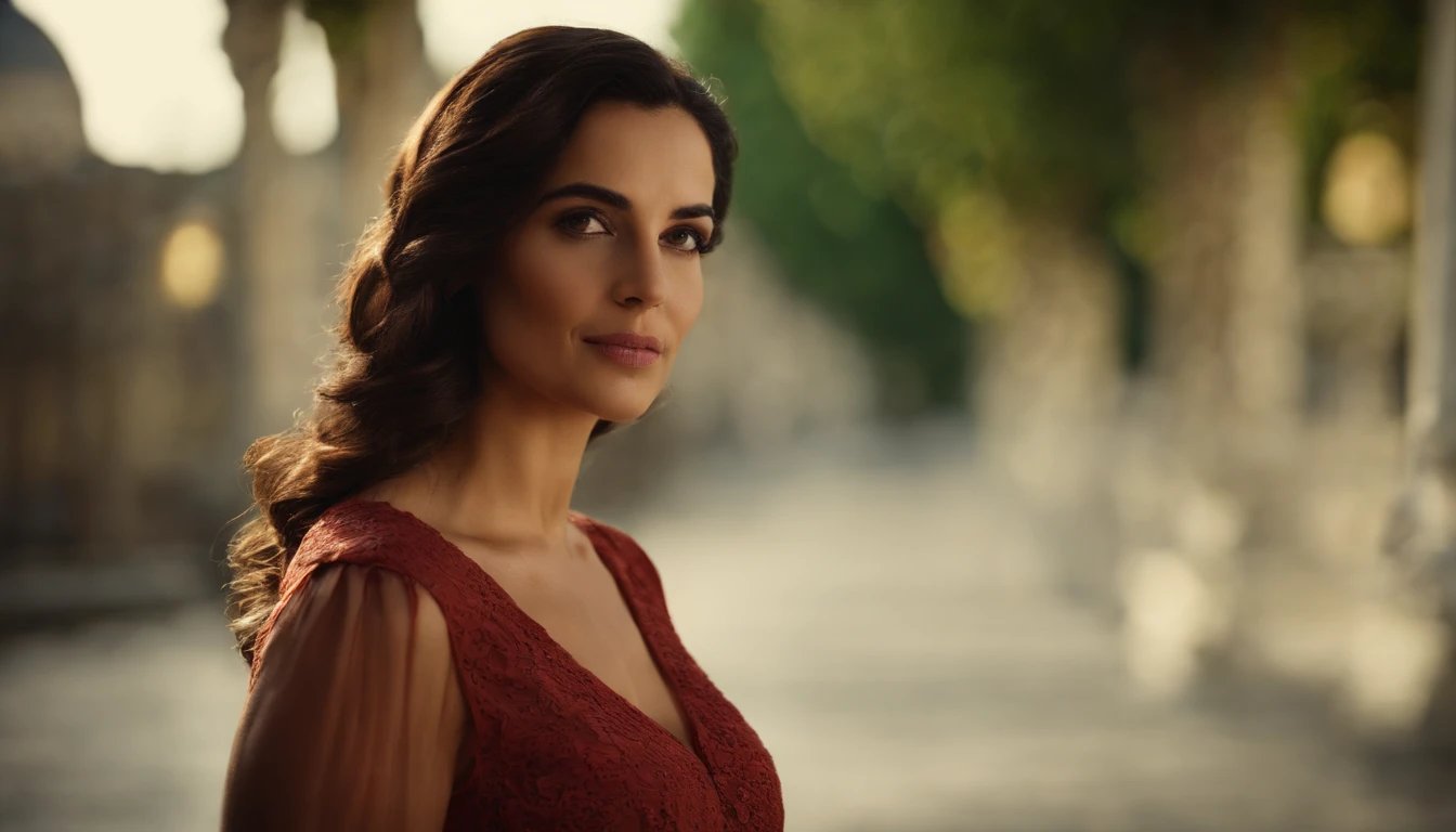 A woman resembling actress Regina Duarte has striking features, cabelos castanhos ou loiros, expressive eyes and a charismatic presence. She conveys a mixture of sweetness and strength in her appearance, Just like the actress herself.