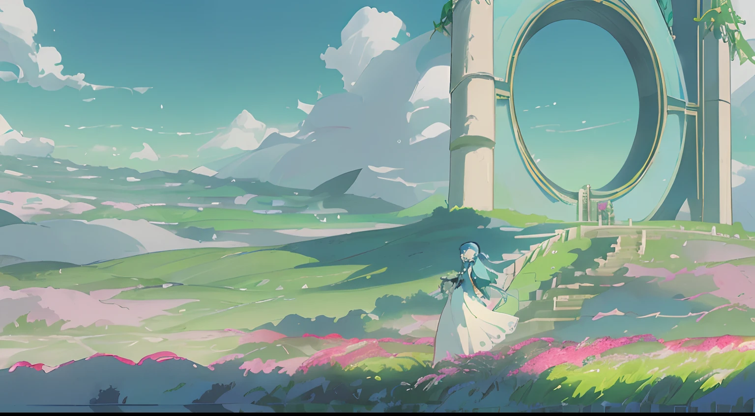 (with Kyoto animation studio art style) A captivating woman stands gracefully amidst a vast expanse of lush green field, adorned in a predominantly blue gown with delicate white accents. Her long, flowing hair, as white as snow, dances elegantly in the gentle breeze that surrounds her. Her eyes are filled with curiosity as she gazes upon a portal gate that has materialized before her. The bright blue sky creates a perfect backdrop for this enchanting moment.