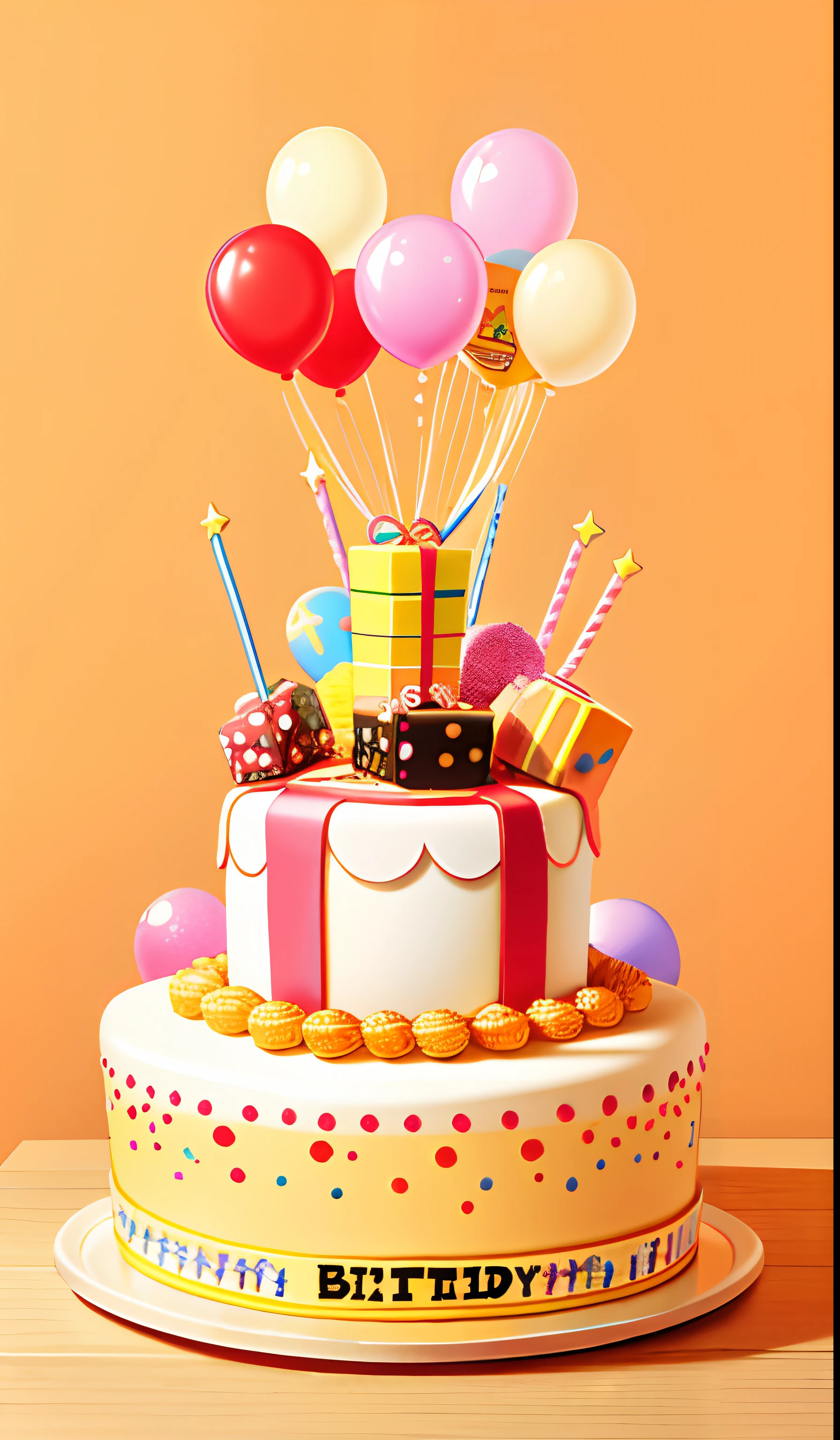 Happy Birthday Cake，There are gifts and balloons on it, happy birthay, birthday, surprise, Birthday party, The birthday cake, birthday wrapped presents, birthday card, cheerfulness!!!, 8K)),   Happy mood, Surprise me, exploitable image, cake art, event,