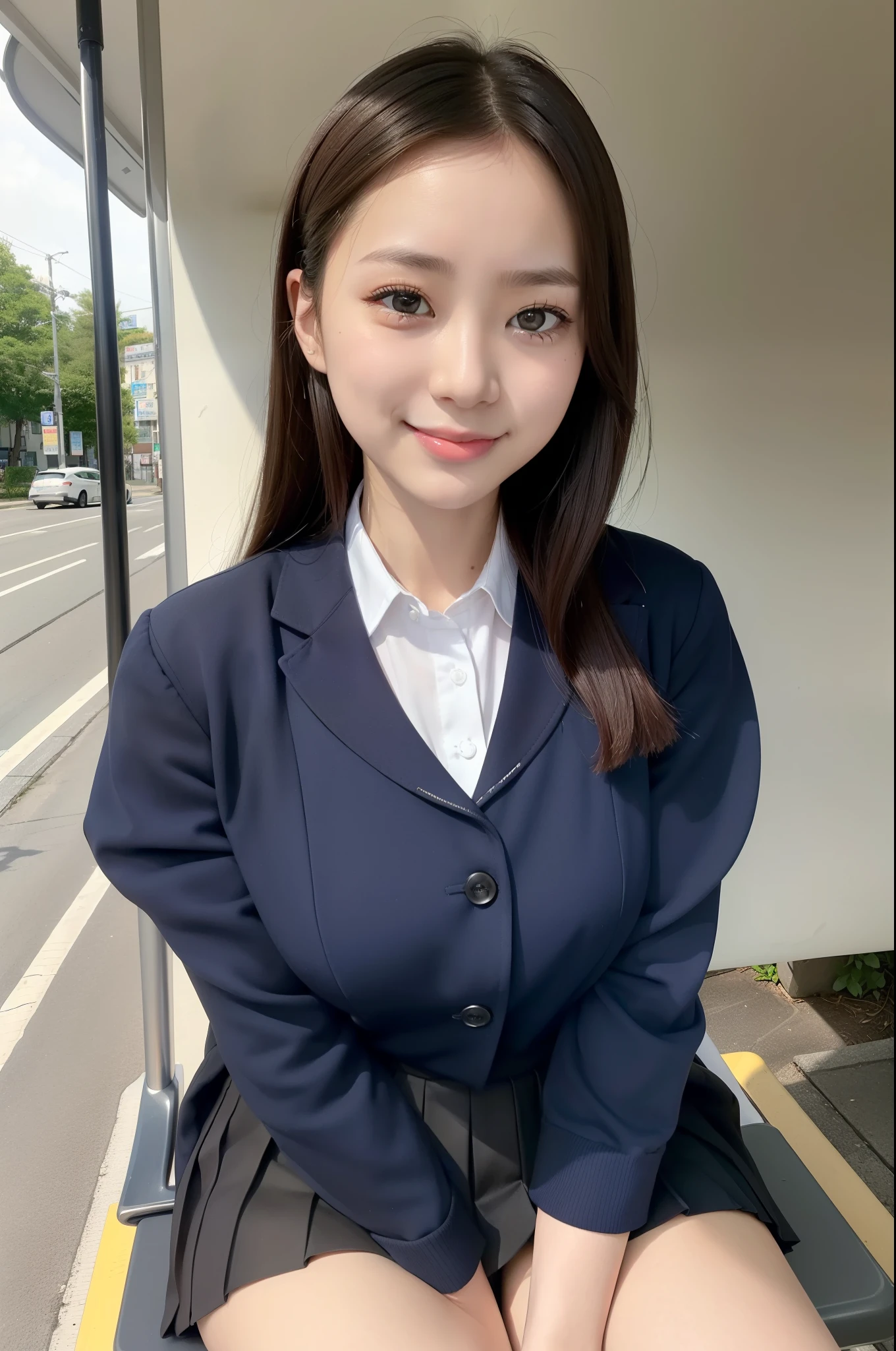 (realisitic、Photorealsitic:1.37)、(masterpiece)、(top-quality:1.4)、(超A high resolution:1.2)、(RAW Photography:1.2)、(foco nítido:1.3)、(Face Focus:1.2)、elegent、(full bodyesbian:1.2)、top-quality、masterpiece、(真实感:1.2)、girl with、brown haired、brown-eyed、frontage、A detailed face、beautidful eyes、Pleated mini skirt uniform、Sitting at the bus stop(1.5)、Biting smile、a lot of eyelashes、high-heels、 Very pretty