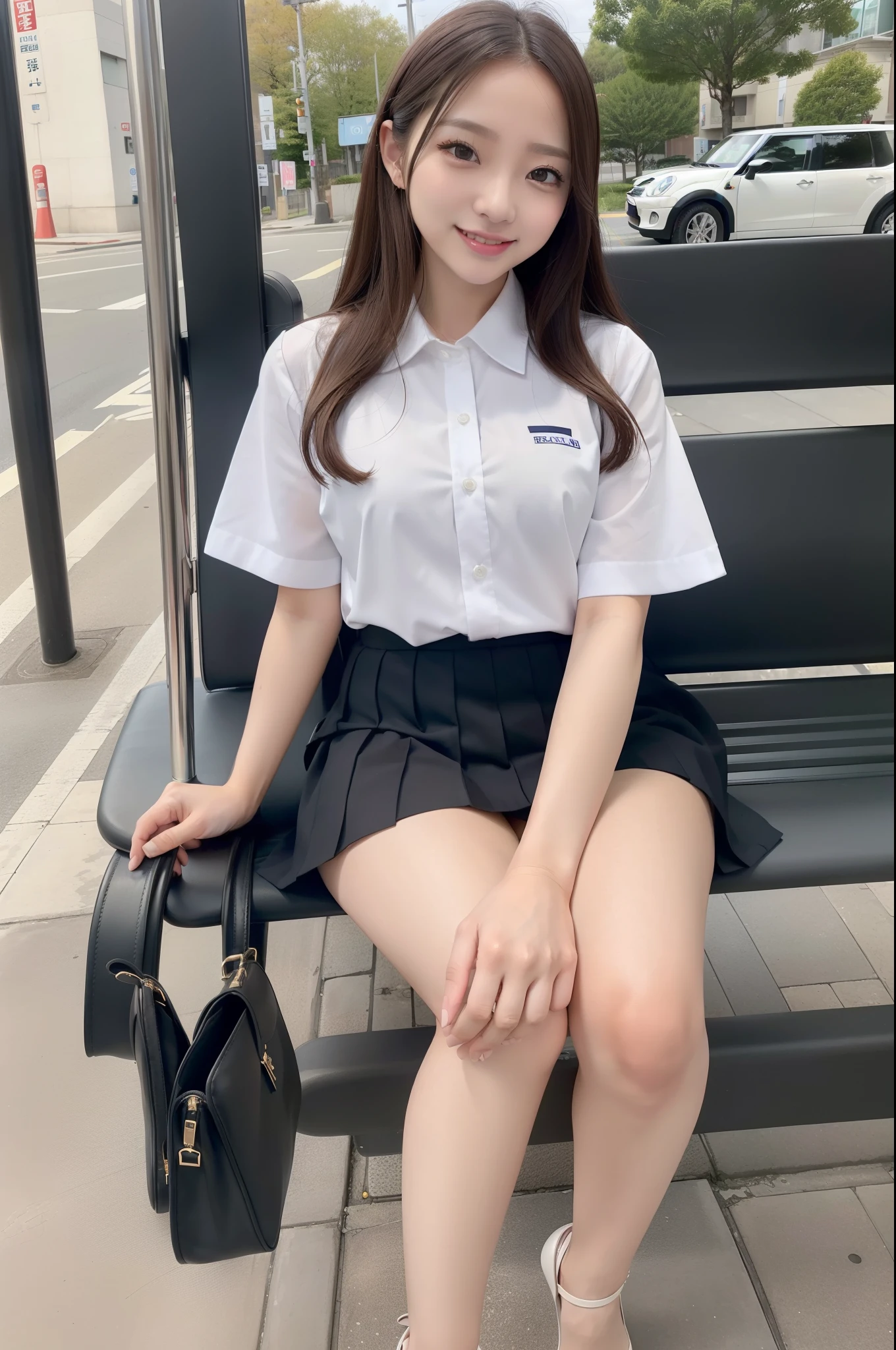 (realisitic、Photorealsitic:1.37)、(masterpiece)、(top-quality:1.4)、(超A high resolution:1.2)、(RAW Photography:1.2)、(foco nítido:1.3)、(Face Focus:1.2)、elegent、(full bodyesbian:1.2)、top-quality、masterpiece、(真实感:1.2)、girl with、brown haired、brown-eyed、frontage、A detailed face、beautidful eyes、Pleated mini skirt uniform、Sitting at the bus stop(1.5)、Biting smile、a lot of eyelashes、high-heels、 Very pretty