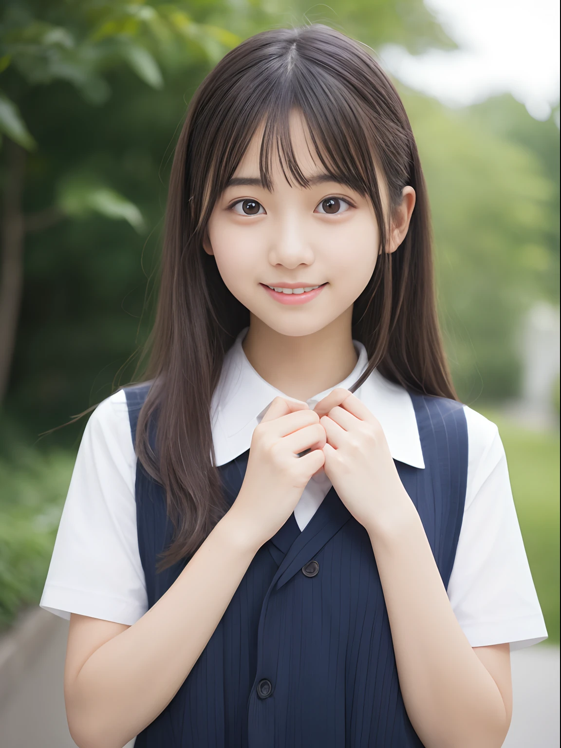 lens: 135mm f1.8, (highest quality),(RAW Photos), (Tabletop:1.1), (Beautiful  Japanese girl), Cute Face, (Deeply chiseled face:0.7), (freckles:0.4), dappled sunlight, Dramatic lighting, (Japanese School Uniform), (On campus), shy, ponytail, (Close-up shot:1.2), (smile),, (Sparkling eyes)、(sunlight),