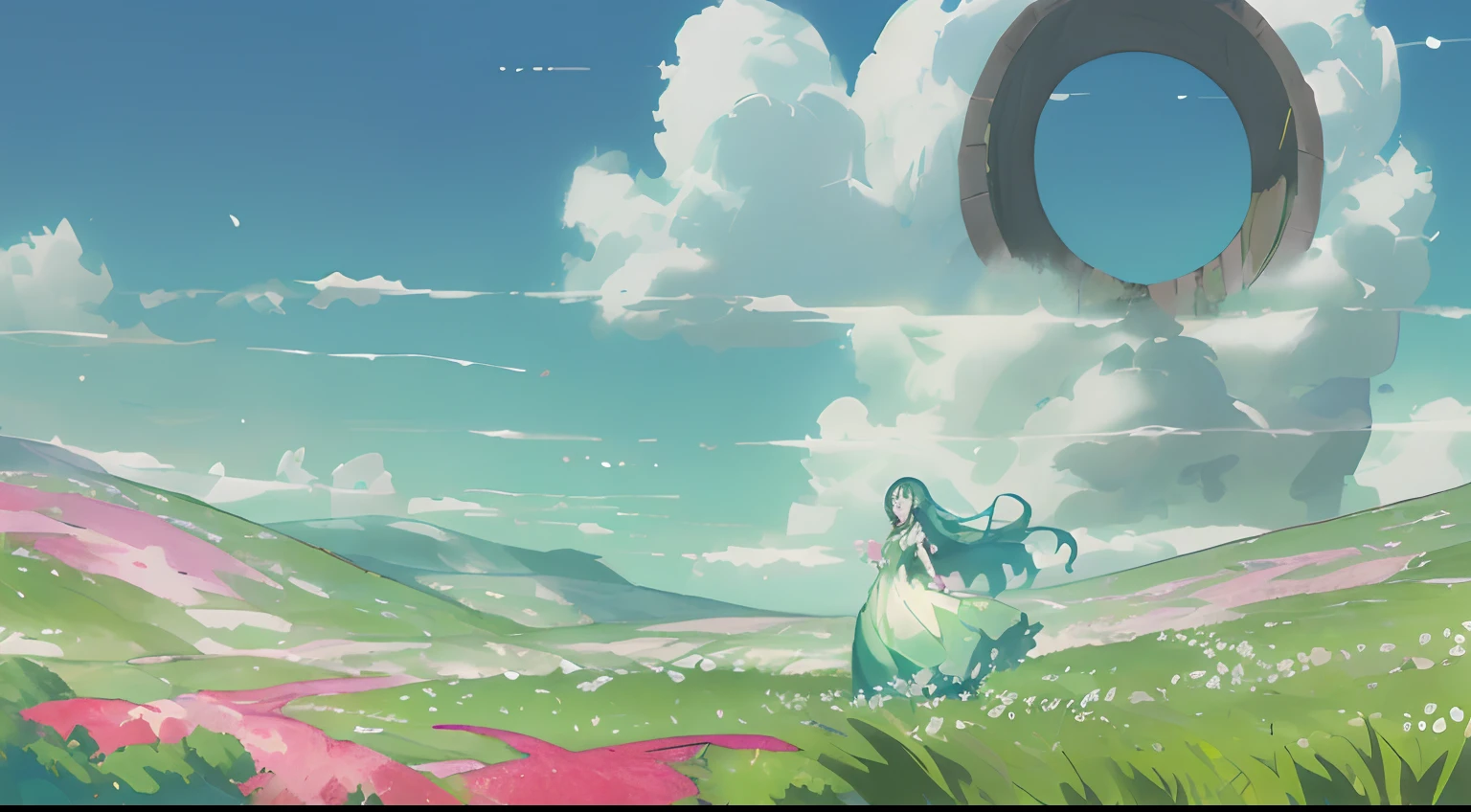 (with Kyoto animation studio art style) A captivating woman stands gracefully amidst a vast expanse of lush green field, adorned in a predominantly blue gown with delicate white accents. Her long, flowing hair, as white as snow, dances elegantly in the gentle breeze that surrounds her. Her eyes are filled with curiosity as she gazes upon a portal gate that has materialized before her. The bright blue sky creates a perfect backdrop for this enchanting moment.
