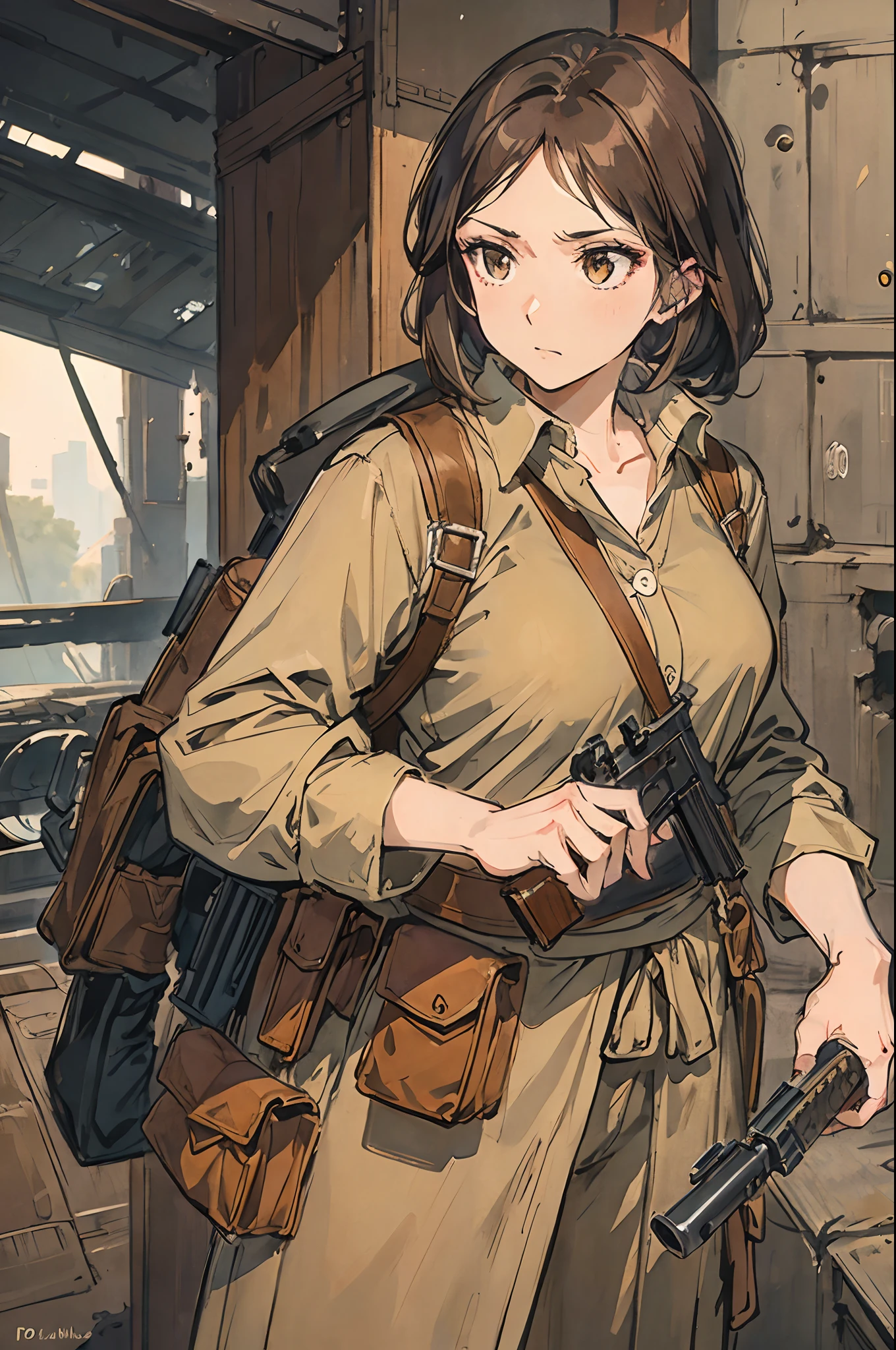 (masterpiece:1.2),(best quality:1.2),(masterpiece, best quality, ultra-high resolution), (1girl), Archaeologist 1920. Brown hair, gathered in a loose bun. Green eyes, curious. Sun-tanned skin. White linen shirt, khaki pants