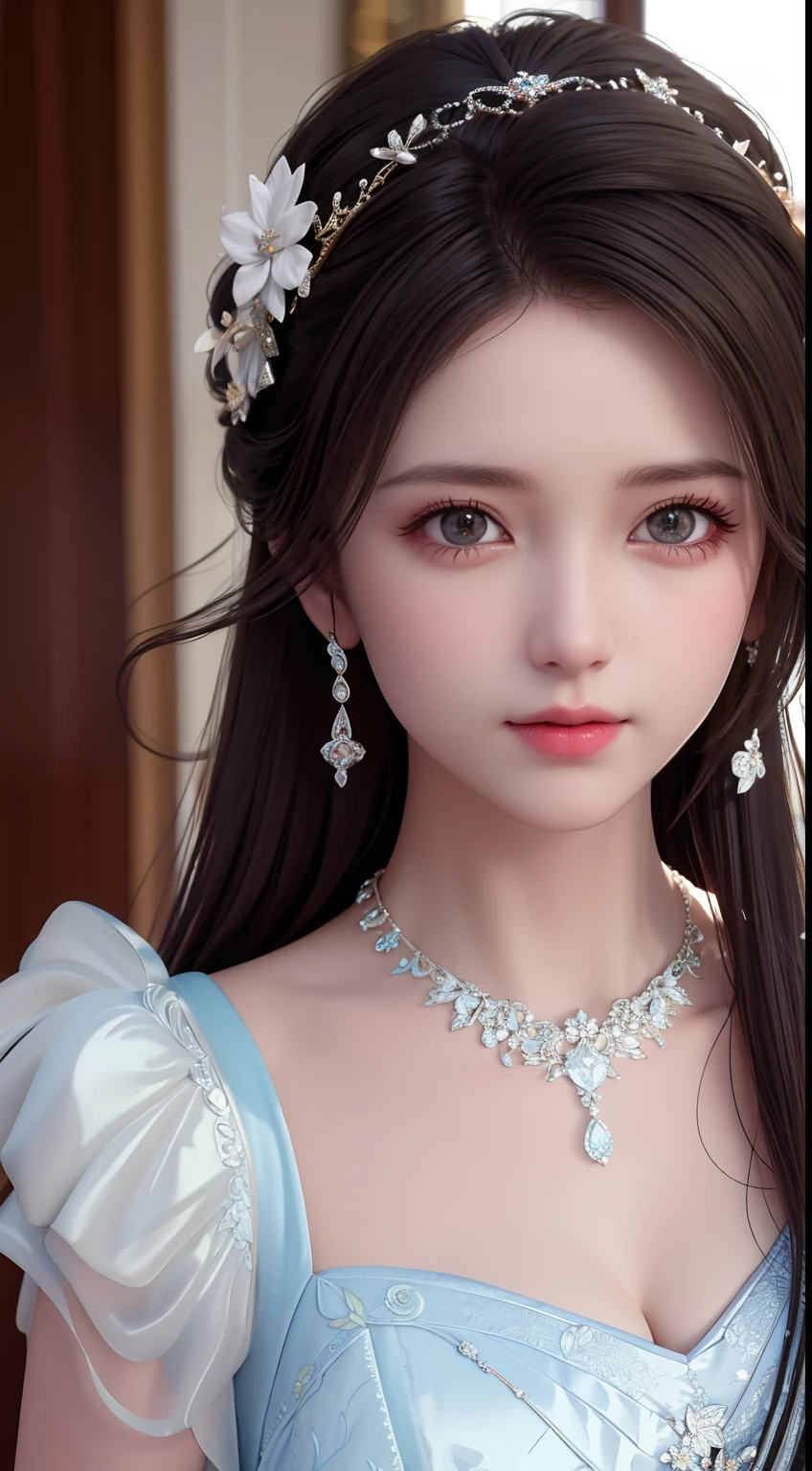 Best Quality, Masterpiece, High Resolution, 1 Girl, Porcelain Dress, Hair Accessories, Necklace, Jewelry, Beautiful Face, Physics, Tyndall Effect, Realistic, Dark Studio, Rim Lighting, Duotone Lighting, (High Detail Skin: 1.2), 8k uhd, DSLR, soft light, high quality, volumetric light, candid, photo, high resolution, 4k, 8k, bokeh