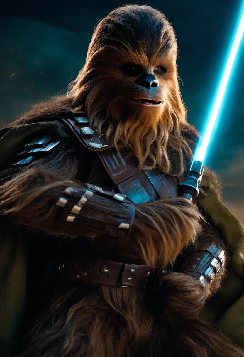 chewbacca as a spartan warrior, jumping in the air, a neon blue light sabers in hand, the sky is a pale hunter green, dying spartans on the ground , bloody armor, epic, 8k