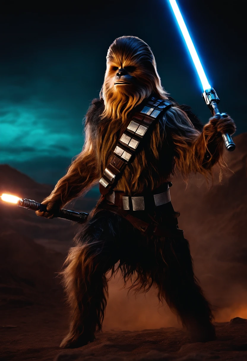 chewbacca as a spartan warrior, jumping in the air, a neon blue light sabers in hand, the sky is a pale hunter green, dying spartans on the ground , bloody armor, epic, 8k