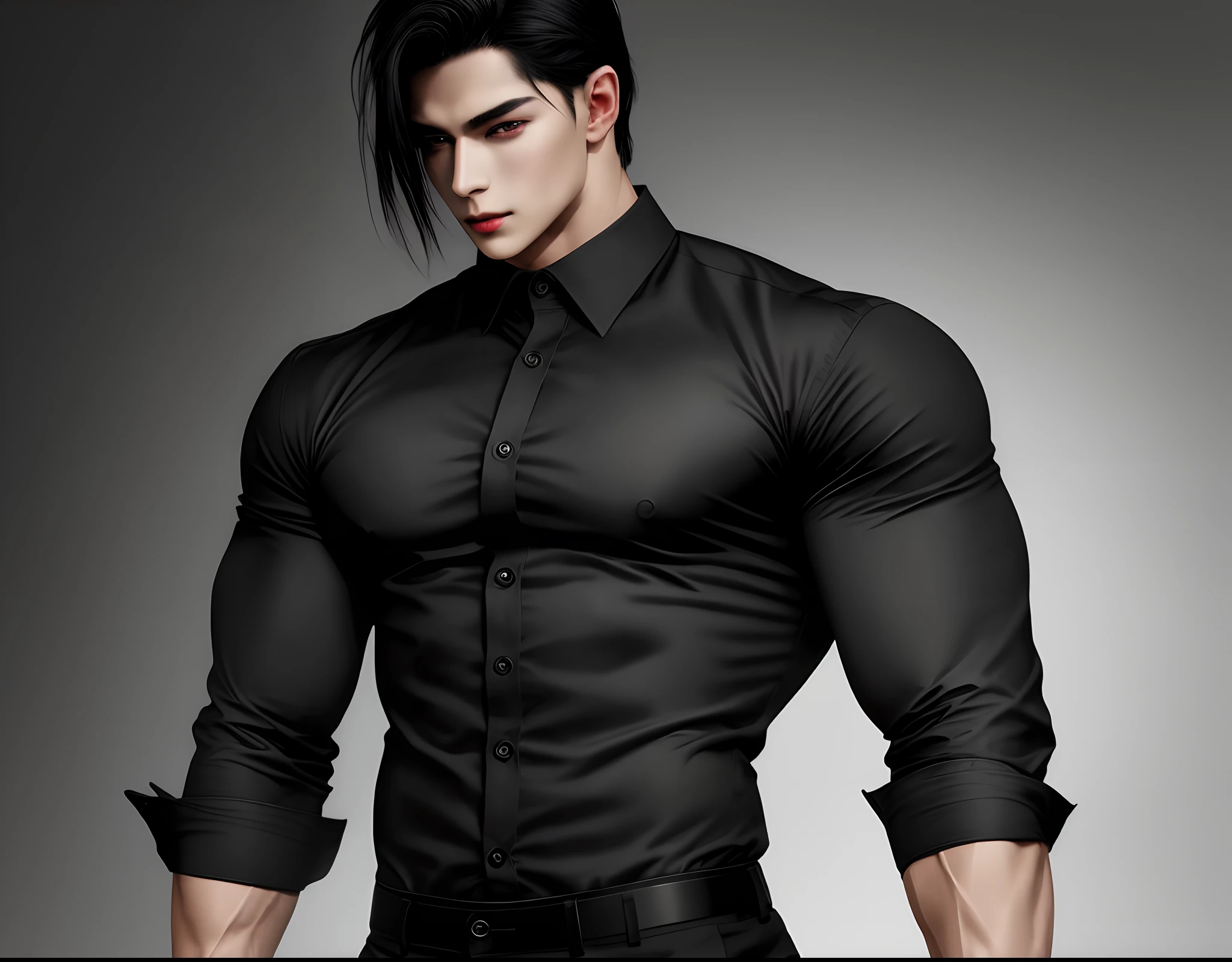 One man, handsome face, wearing long black clothes, black hair, bright red eyes, posing, full average muscle body, school background frame