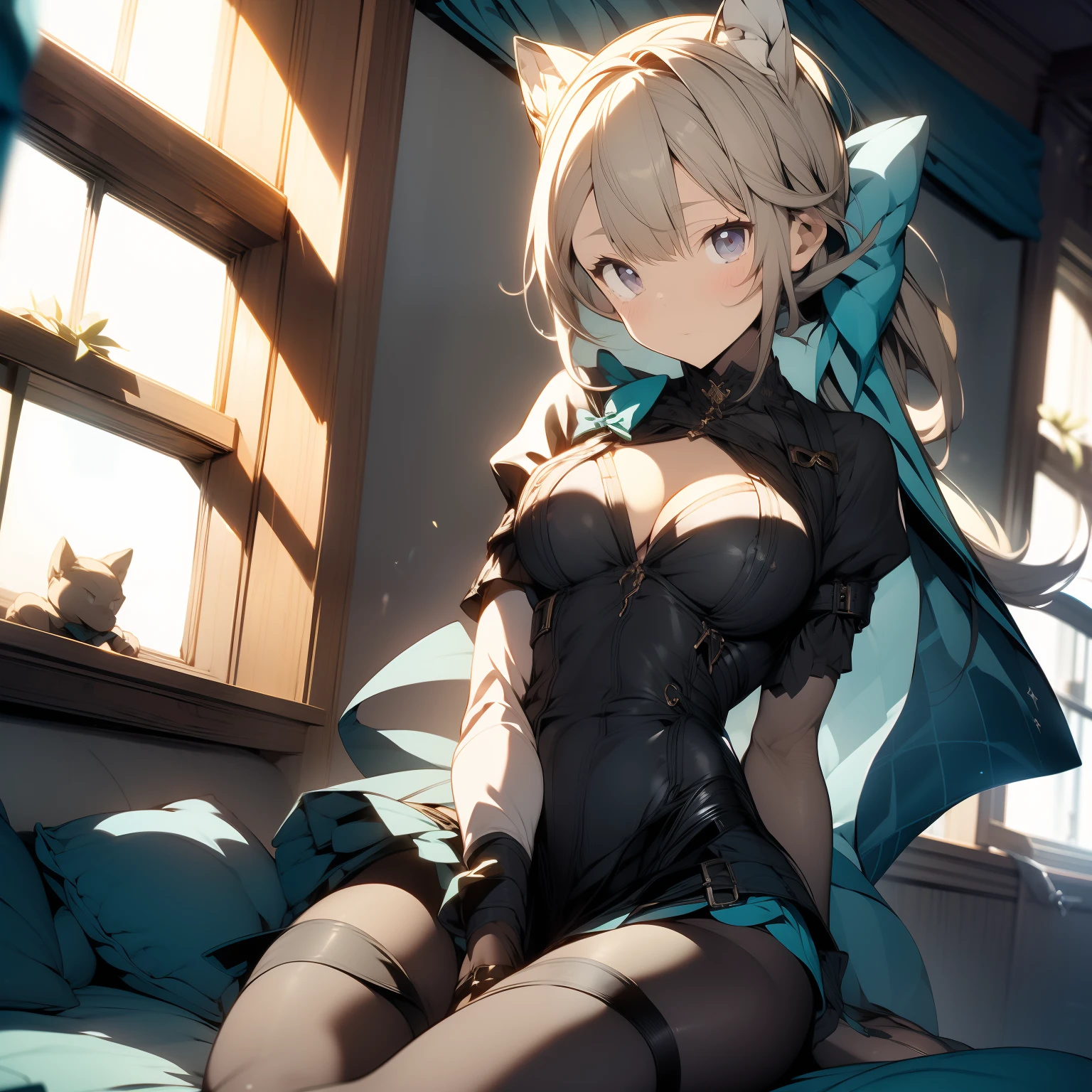 (masterpiece),best quality, expressive eyes, perfect face, 1girl, she has cat-ears ((intricate pantyhose design)) (brown pantyhose)
big breast, H-cup, good breast, beautiful, gorgeous ,large breast, sitting on a window sill with cuffs, wrapped in leather straps, leather cuffs around wrists, restrained, harnesses and garters, handcuffed, handcuffs, dominant pose, sexy dominant pose, hands above her head, wrists chained to the ceiling, blushing, medium shot, indoors, magician office, cleavage, white sleeves, Turquoise bow, black school skirt, bow, feminine, blushing
lynette "Genshin_Impact"