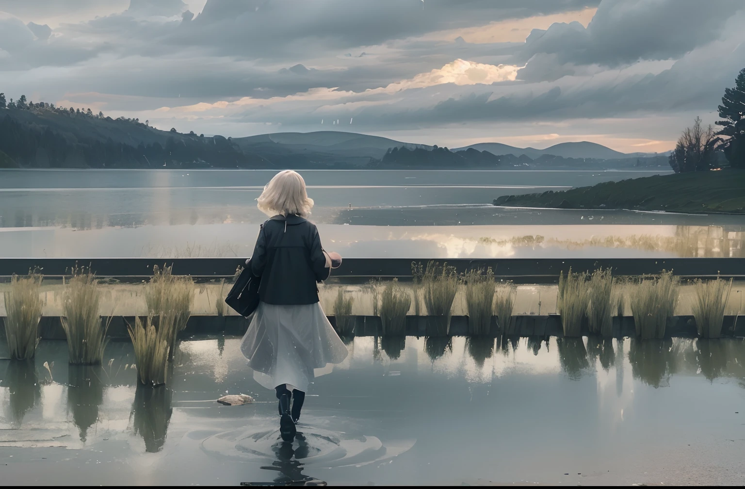 On a grey rainy day a beautiful young lady (((walking into a lake away from camera))), extreme long shot, full body shot, very large lake, walking in shallow shoreline, 24k resolution, impressionism art style, photorealistic, hyperdetailed, stormy clouds, up to her knees in water, no dock, walking away from camera.