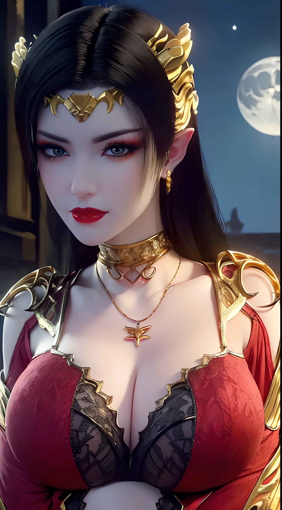 1 extremely beautiful queen, ((wearing sexy red lingerie with black lace trim:1.6)), (((Patterns on clothes:1.6))), ((long black hair:1.6)), jewelry elaborately made from precious stones and beautiful hair, ((wearing a 24k gold lace necklace:1.4))), the noble, noble style of an extremely beautiful girl, her small face is super cute, her face is very pretty, thin eyebrows, flawless beautiful face, ((black eye pupils: 0.8)), very beautiful eyes, ((platinum blue eyes: 1.6)), (((eyes wide open:1.6))), nice makeup and hair detailed eyelashes, steamy eye makeup, high nose, earrings, red lips, ((closed mouth: 1.5)) beautiful lips, slim hands, most beautiful thighs, ((arms spread out to the sides: 1.5)), rosy face, clean face, flawless beautiful face, smooth white skin, (big breasts: 1.5)), ((high breasts: 1.6)), tight breasts, beautiful cleavage, (((big breasts and super round: 1.8))), ((super tight breasts: 1.7)) , beautiful breasts, perfect body, back arms, chest out, thin black mesh stockings with black lace trim, 8k photo, super high quality, super realistic, super 10x pixels, optical, bright studio, bright edges, dual-tone lighting, (high-detail skin:1.2), super 8k, soft lighting, high quality, volumetric lighting, photorealistic, photorealistic high resolution, lighting, best photo, 4k, 8k quality, blur effect, smooth sharp, 10 x pixel, ((sea and moonlight at night background:1.5)), aurora, lightning, super graphics realistic, most realistic graphics, 1 girl, alone, solo, Extremely sharp image, surreal, (((frontal portrait: 1)))."